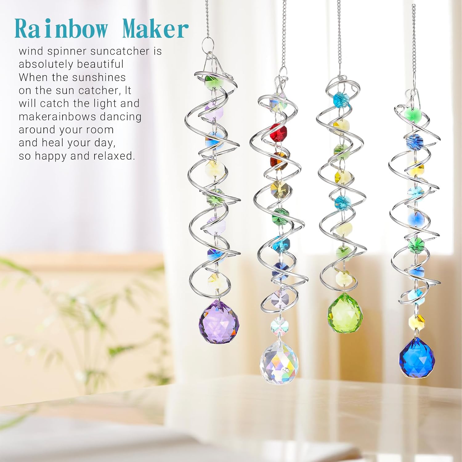 Set of 4 Crystal Sun Catcher for Window Hanging Double-Spiral Gazing Ball Spiral Tail Rainbow Maker Wind Spinners