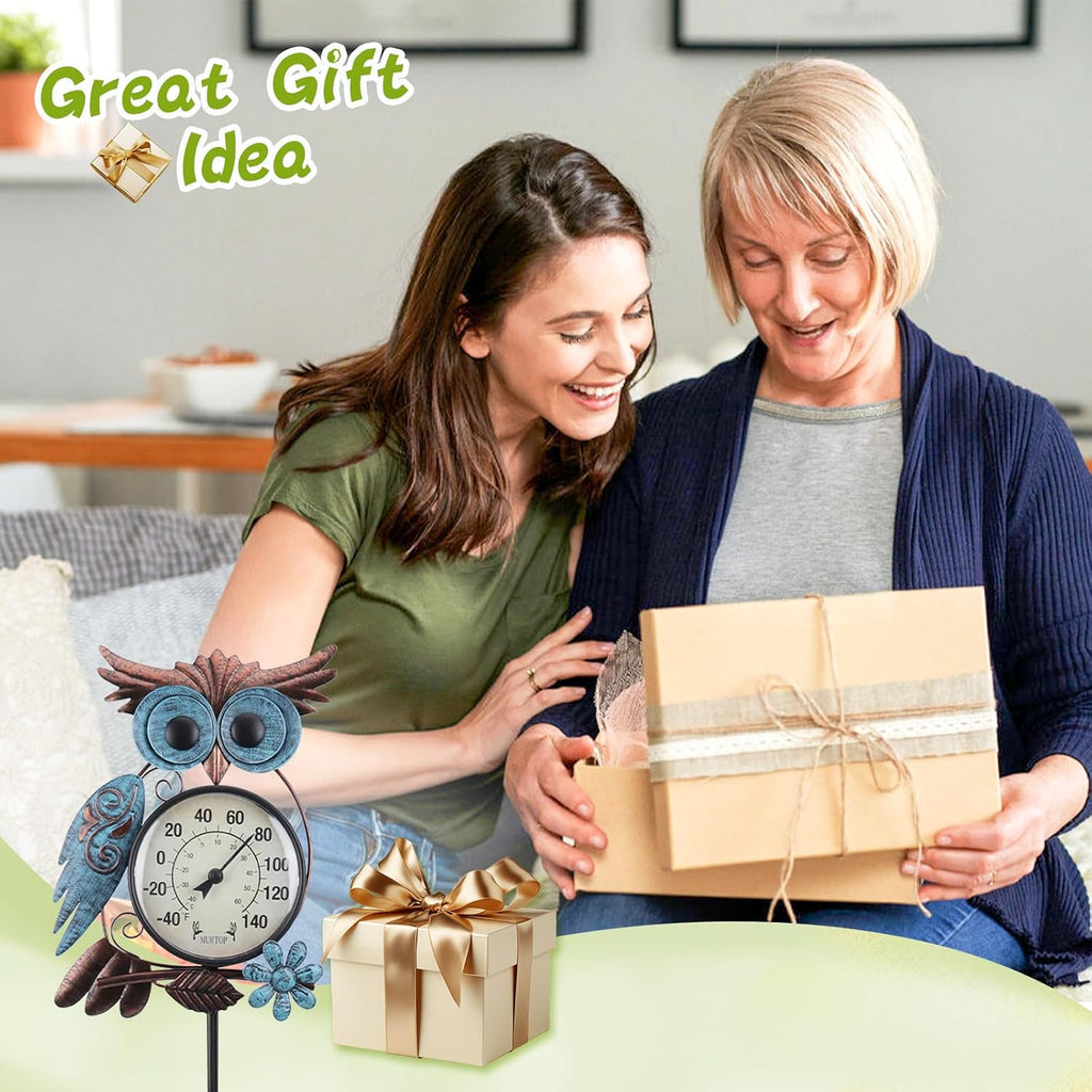 Outdoor Thermometer, Owl Outside Decor for Patio, Yard and Garden | No Battery Needed Garden Stake Wall Art Gifts Idea