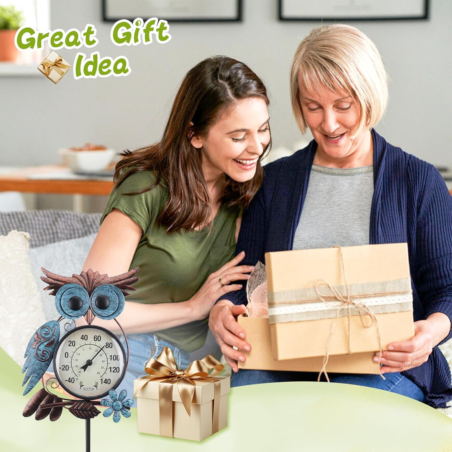 Outdoor Thermometer, Owl Outside Decor for Patio, Yard and Garden | No Battery Needed Garden Stake Wall Art Gifts Idea