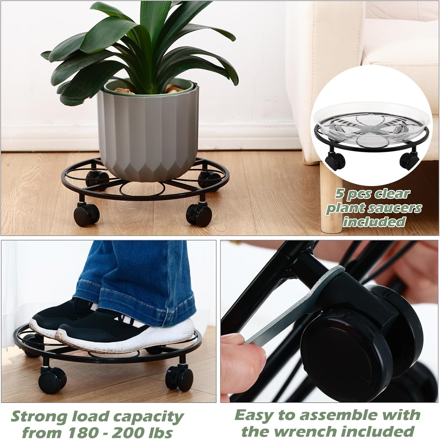 5 Packs 12 inches Large Metal Plant Caddy with Wheels Round Planter Dolly Pot Mover Rollers Wrought Iron Rolling Plant