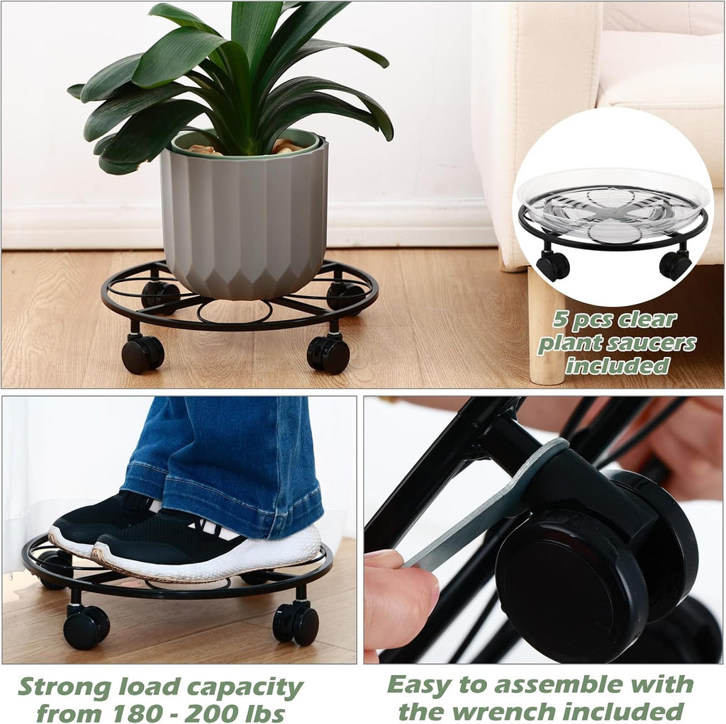 5 Packs 13.5 inches Large Metal Plant Caddy with Wheels Round Planter Dolly Pot Mover Rollers Wrought Iron Rolling