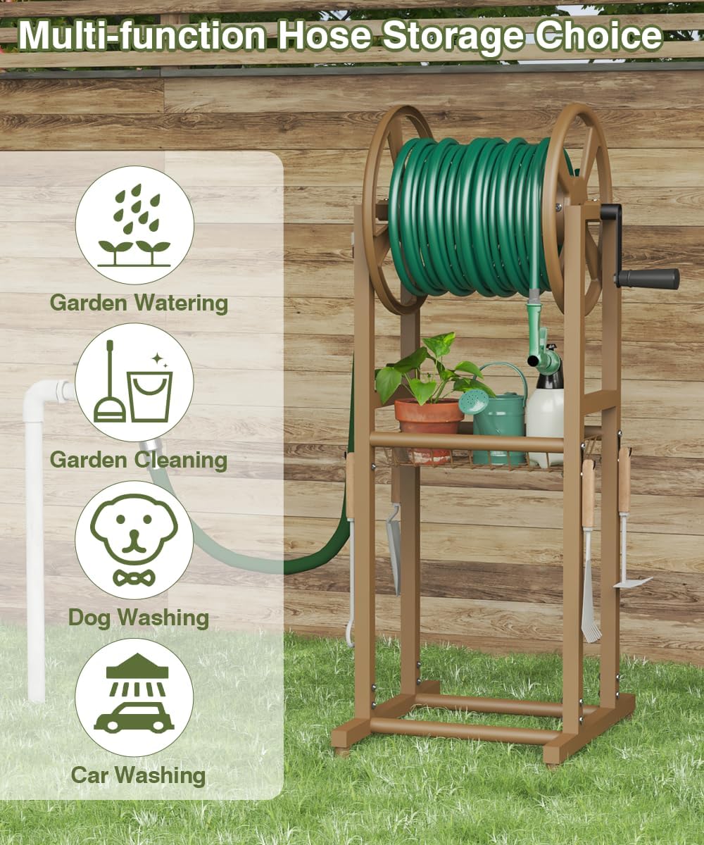 Freestanding Garden Hose Reel holds 125ft Hose of 5/8" with 4 Hooks, 4-Spike Outdoor Hose Holder with 3.9ft Leader Hose