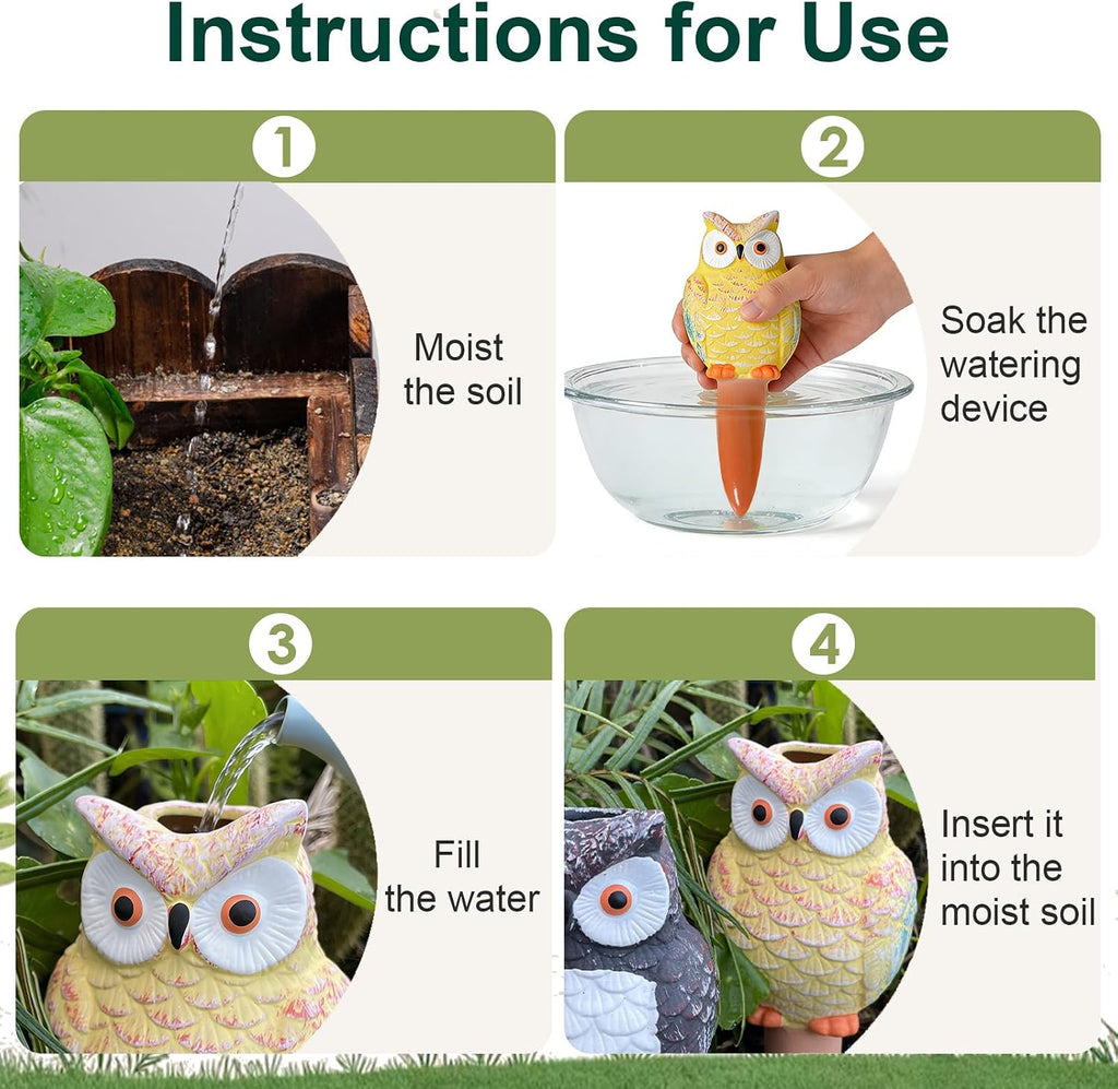 MCleanPin 4 Pack Self Watering Spikes and Globes, Handmade Terracotta Owl Self-Watering Plant Devices with Slow Release