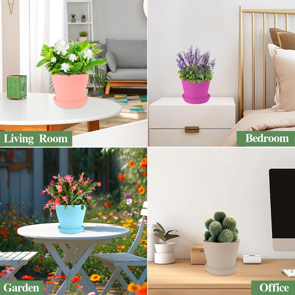 6.7 Inch Plant Pots Indoor Outdoor, 8 Pack Colorful Plant Flower Pots with Drainage Holes and Saucers Plastic Planters