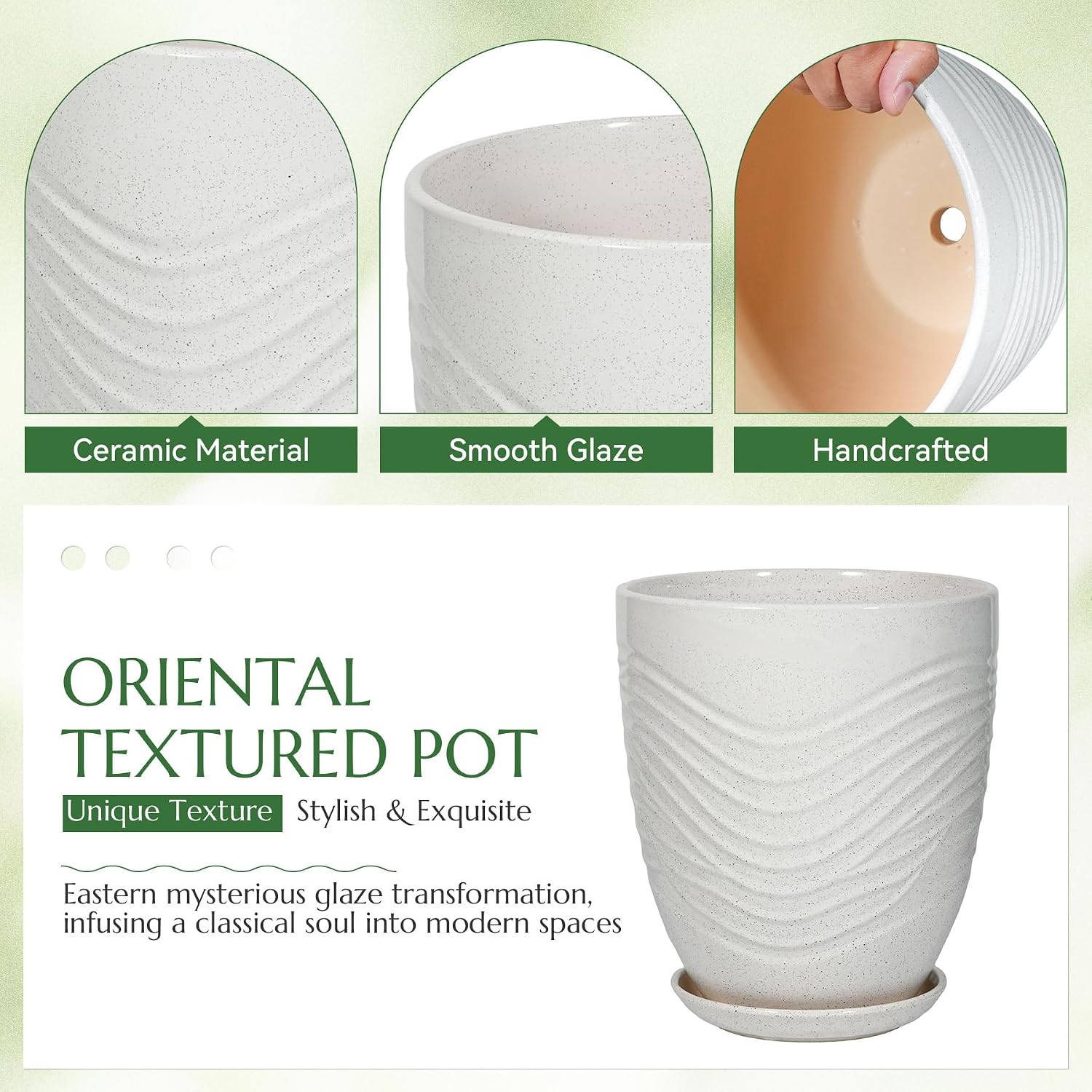 9.5 Inch Flower Pots for Indoor Plants,Ceramic Planter with Saucer Drainage Leak-Proof Mesh Gardening Gloves