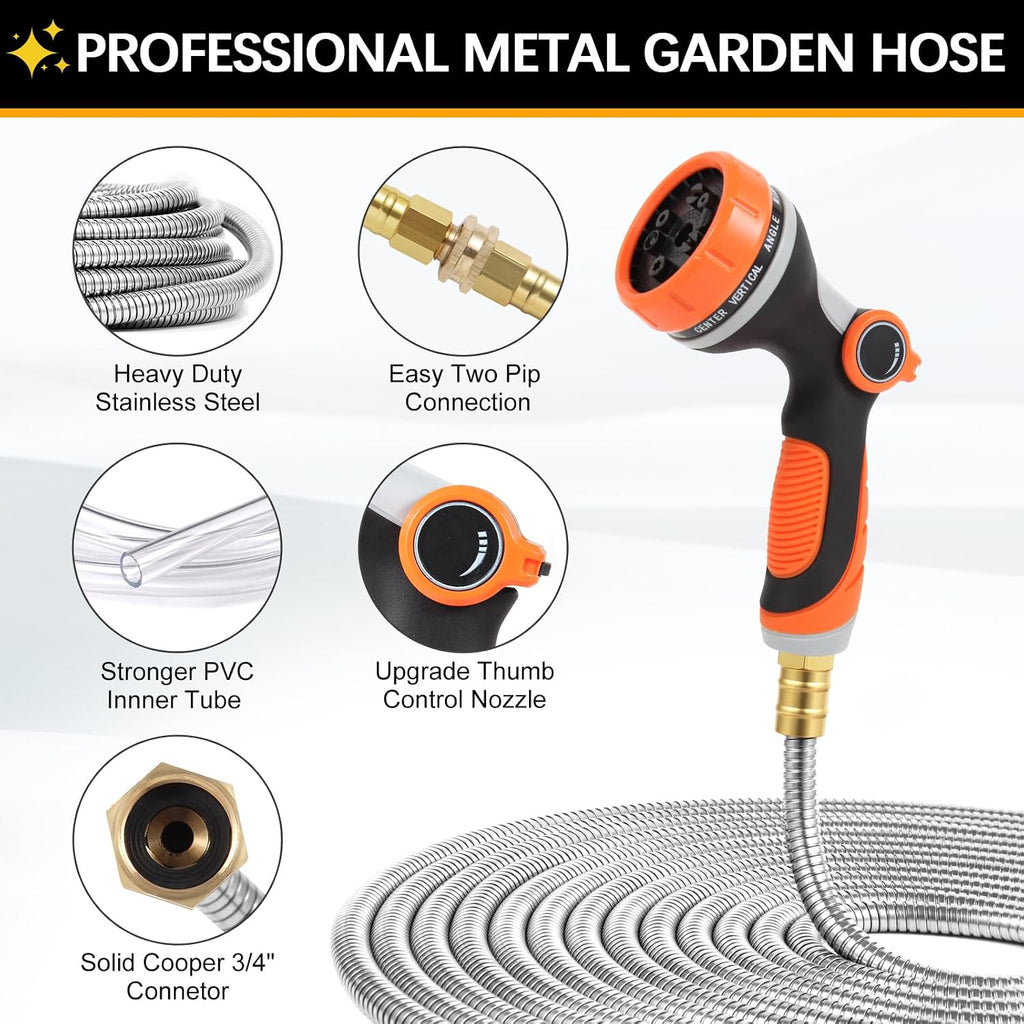 Metal Garden Hose 100 ft, Stainless Steel Water Hose 100ft with 10 Function Nozzle & 3/4 Copper Fitting, Heavy Duty &