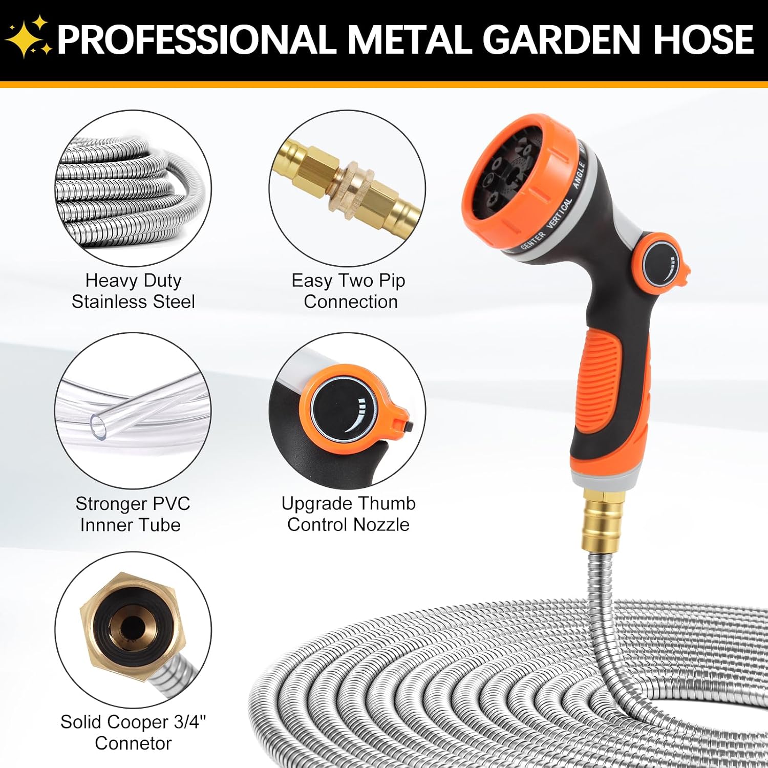 Metal Garden Hose 100 ft, Stainless Steel Water Hose 100ft with 10 Function Nozzle & 3/4 Copper Fitting, Heavy Duty &