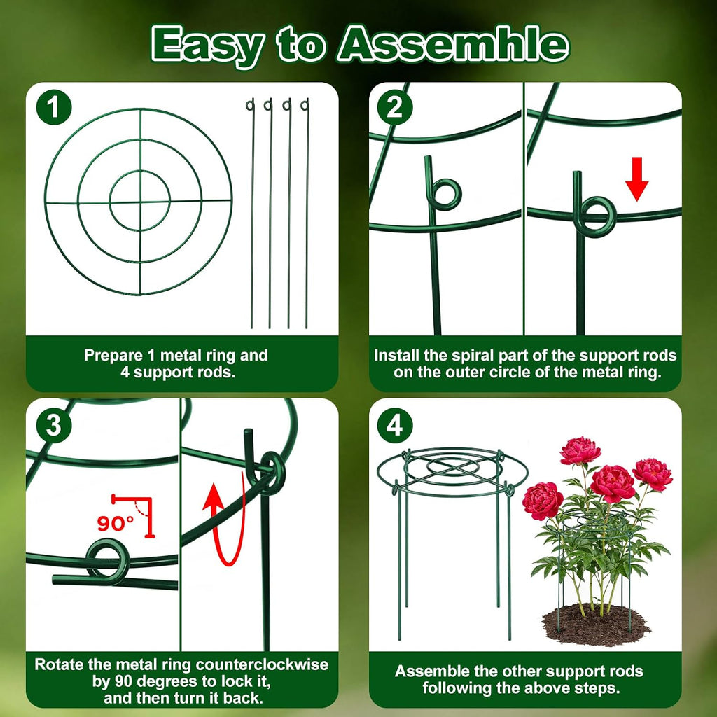 5 Pack Metal Peony Cages and Supports with 20 Plant Twist Clip Ties, Plant Support Stakes for Indoor Outdoor Plants