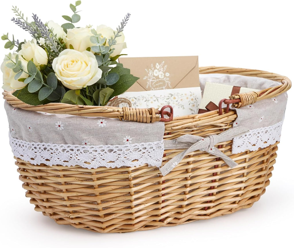 Dicunoy Wicker Picnic Basket with Handle, Large Empty Gift Basket to Fill, Open Top Market Harvest Baskets for Garden