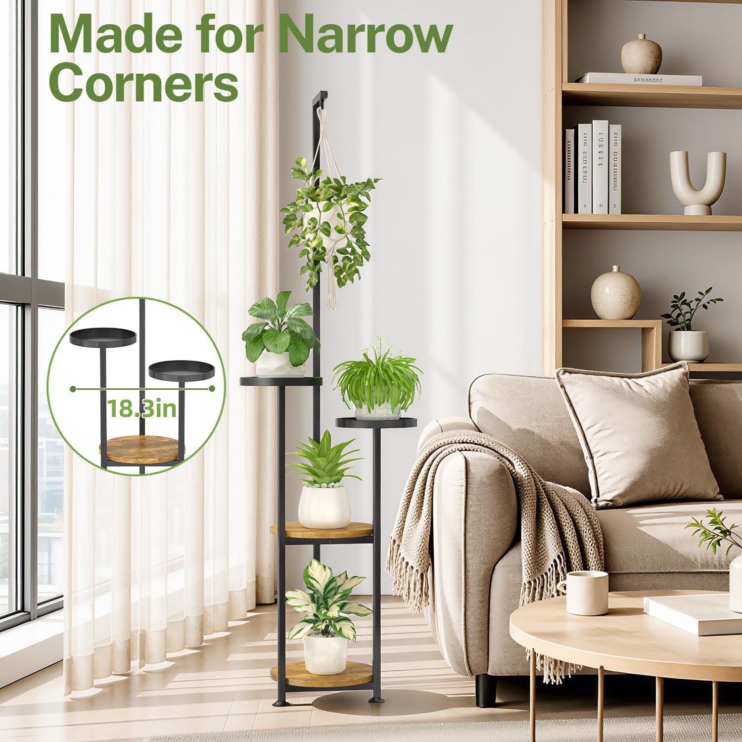 iDavosic.ly Hanging Plant Stand Indoor, 4 Tier 62 Inch Tall, Black & Brown | Vertical Corner Metal Flower Shelf with