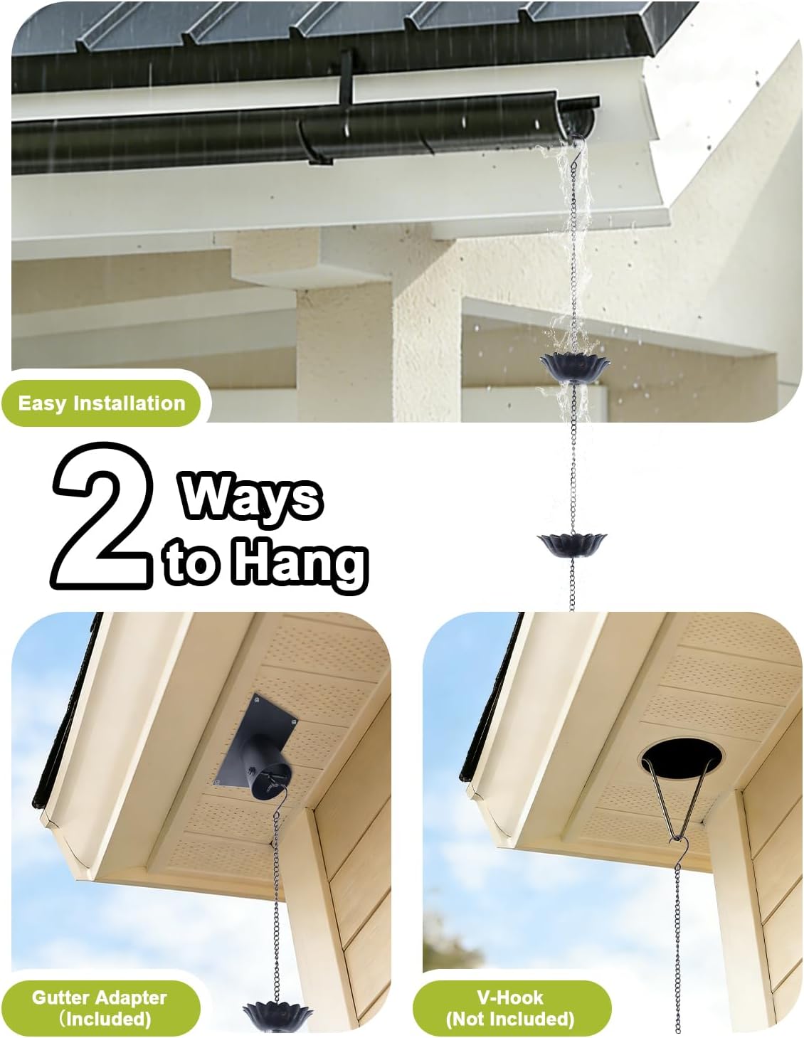hogardeck 8.5FT Rain Chain with 12 Cups for Gutters Outside, Decorative Metal Rain Catcher with Adapter, Stake & Bell