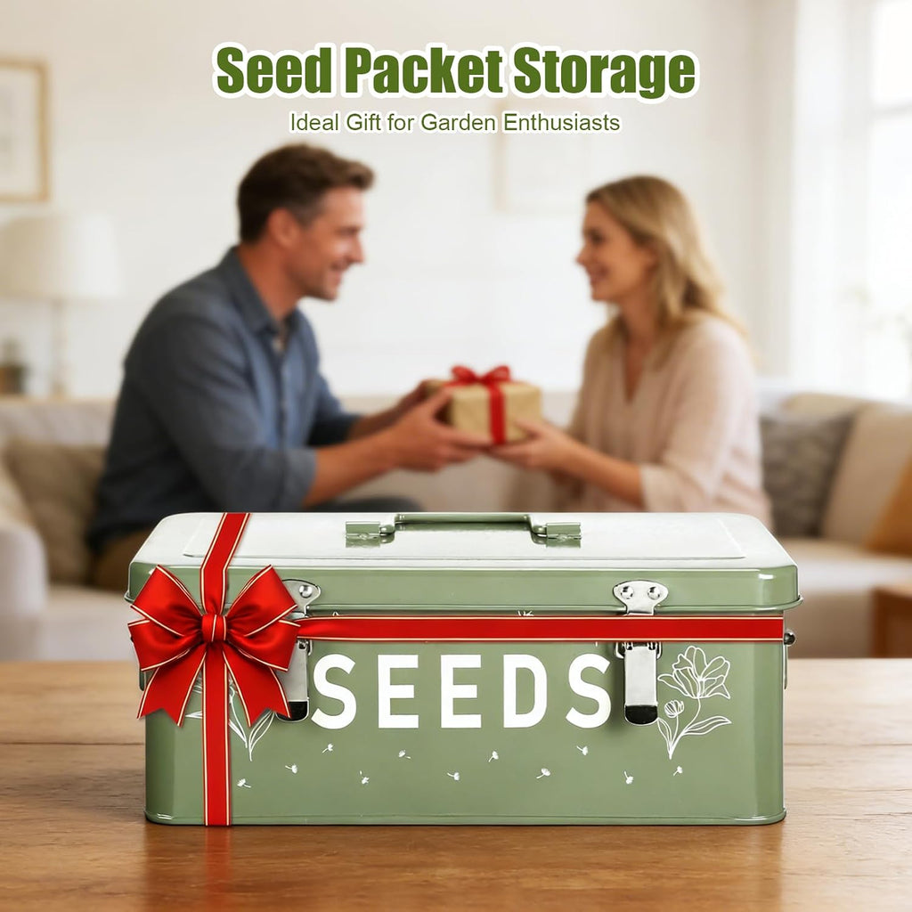 Seed box, Seed storage box, Garden seed organizer | 50 Seed Envelopes, 100 Plant Labels (5 Colors), 50 Plant Clips, 4
