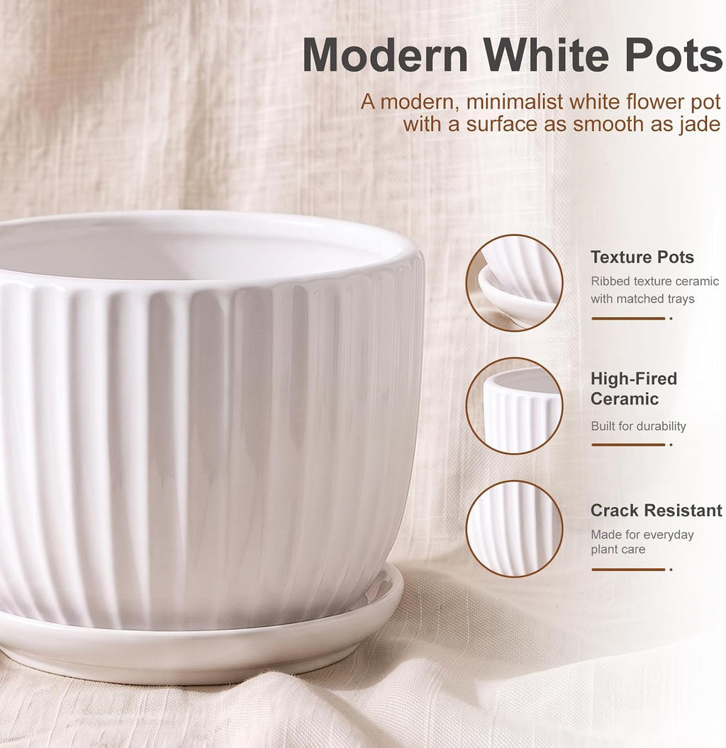 White Plant Pots,Ceramic Flower Pot Set of 3 with Drainage Holes & Saucers | Ceramic Planters for Indoor Plants