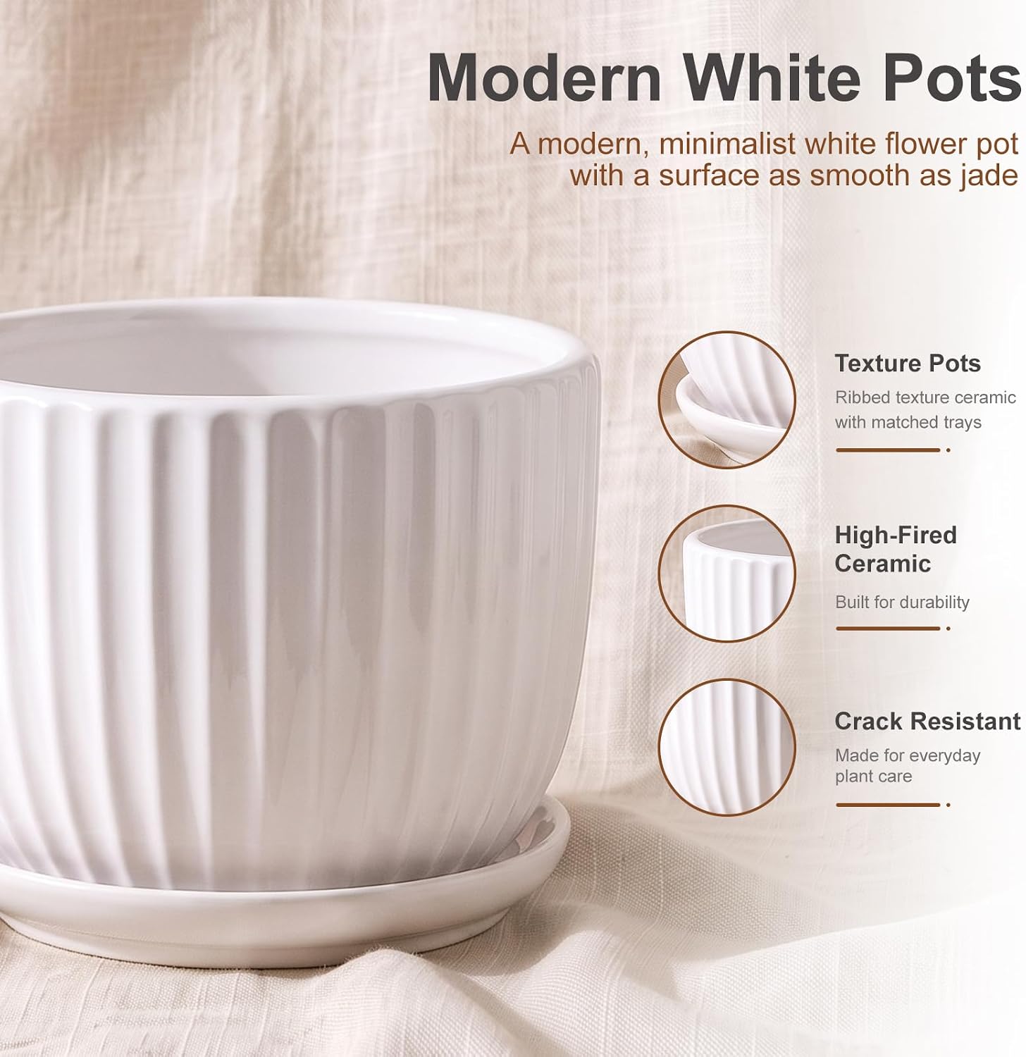 White Plant Pots,Ceramic Flower Pot Set of 3 with Drainage Holes & Saucers | Ceramic Planters for Indoor Plants