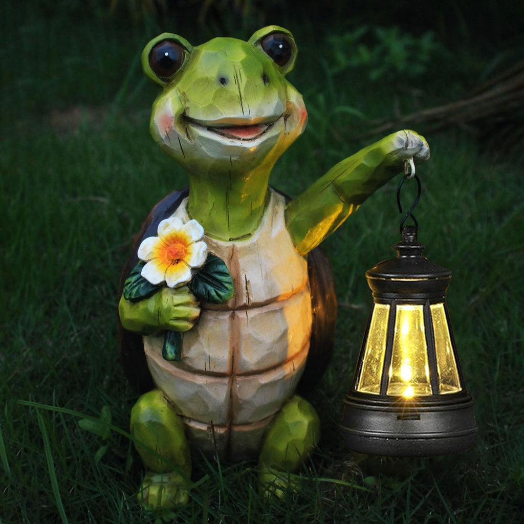 Solar Turtle Garden Statue, Resin Figurine with Hanging Solar Lantern Outdoor Statues for Patio (Turtle 1)