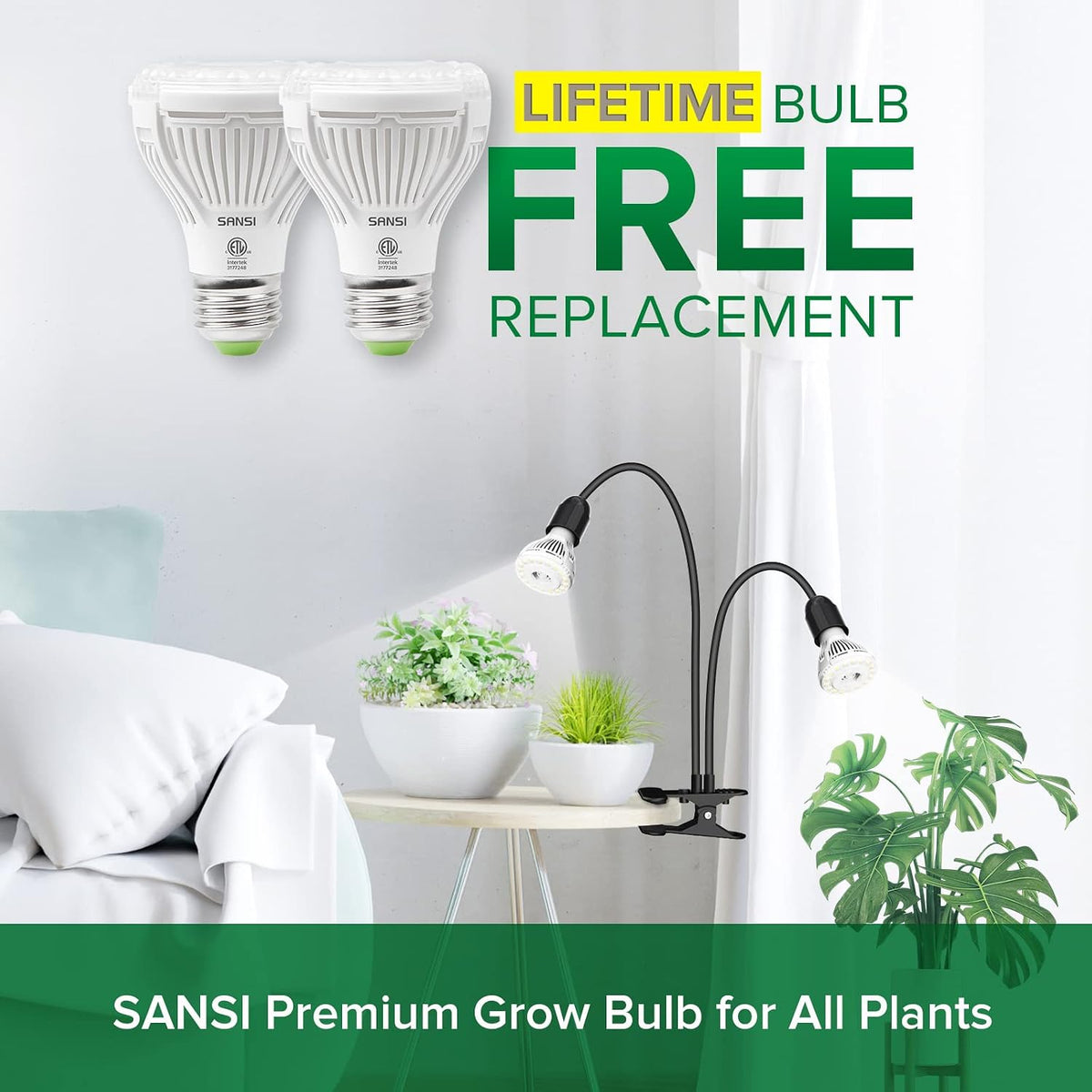 SANSI LED Grow Lights for Indoor Plants, Lifetime Free Bulb Replacement | 300W Full Spectrum 2-Gooseneck Clip Plant