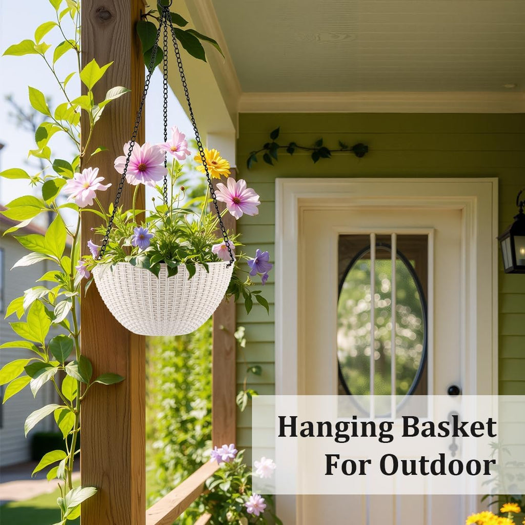 Hanging Planters 8 Inch & 10 Inch, 4 Pack Self Watering Baskets, White | Outdoor/Indoor Plants, Durable PP plastic