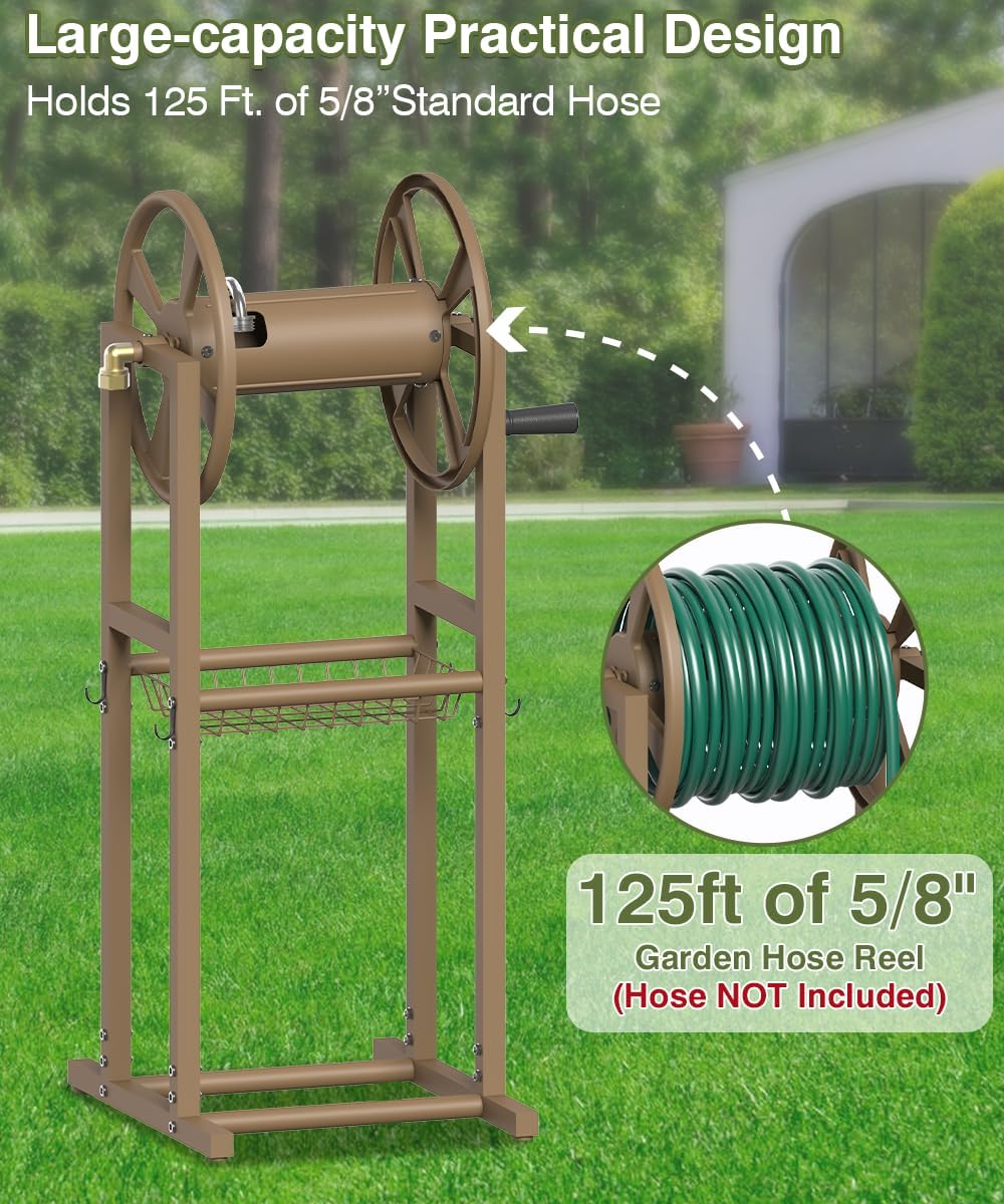Freestanding Garden Hose Reel holds 125ft Hose of 5/8" with 4 Hooks, 4-Spike Outdoor Hose Holder with 3.9ft Leader Hose