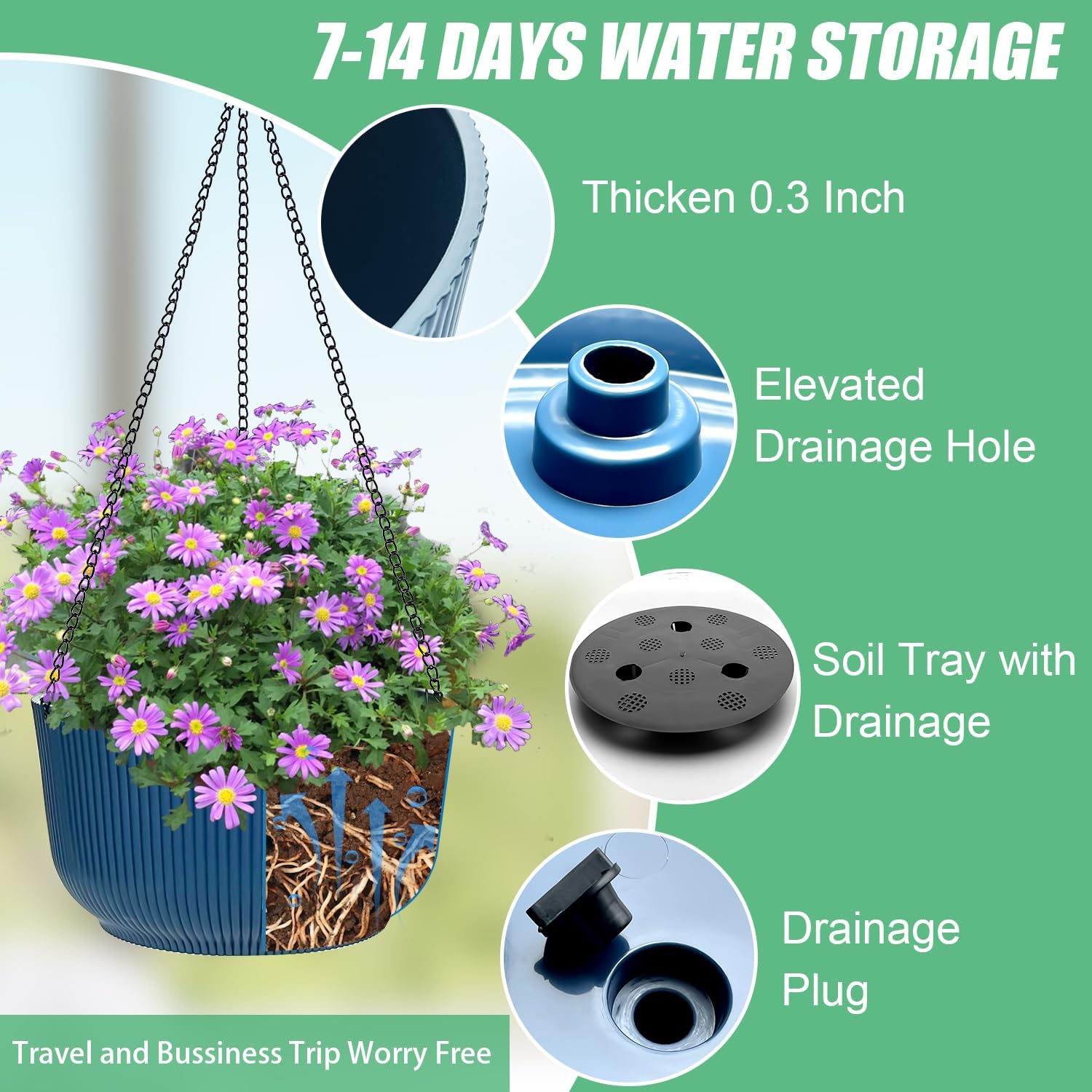 RooTrimmer Hanging Planters 9/10/11 Inch for Indoor Plants, 3 Pack Plant Hanger Outdoor with Drainage Holes, Self