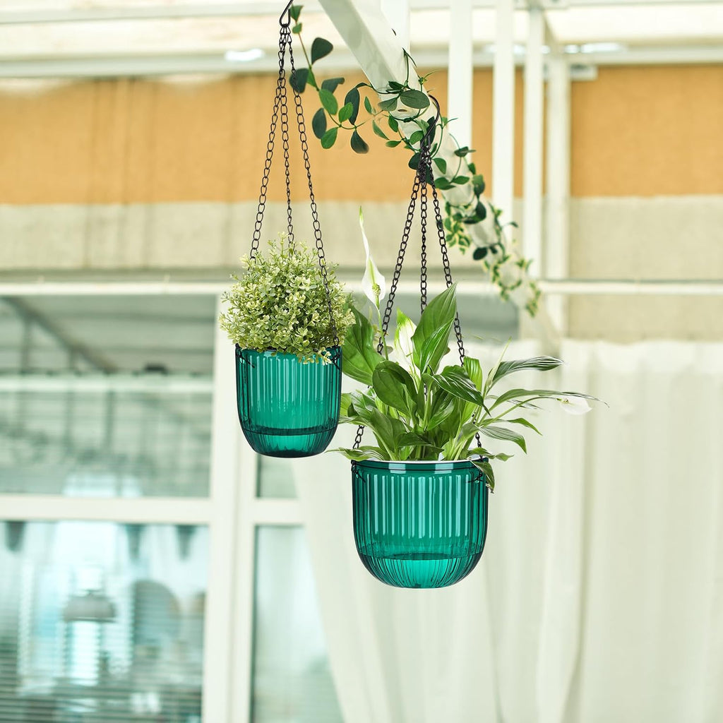 4 Pcs Self Watering Planters 6.5'' 4.5'', Emerald | Hanging Pots for Indoor Plants with Drainage Holes and 3 Hooks