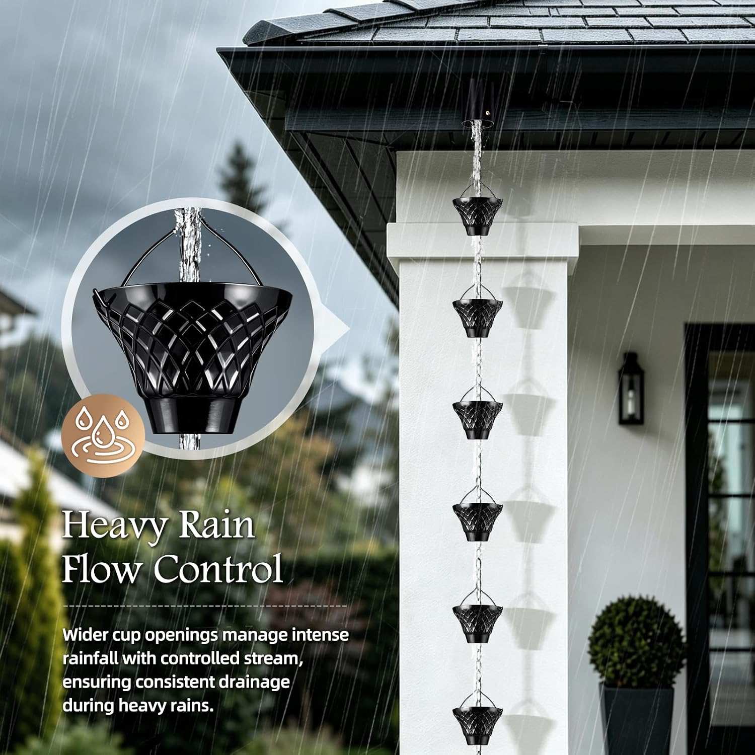 Rain Chains for Gutters Outside Black with Adapter 8.5FT 12 Cups | Rain Catcher Chain for Heavy Rain,Rust