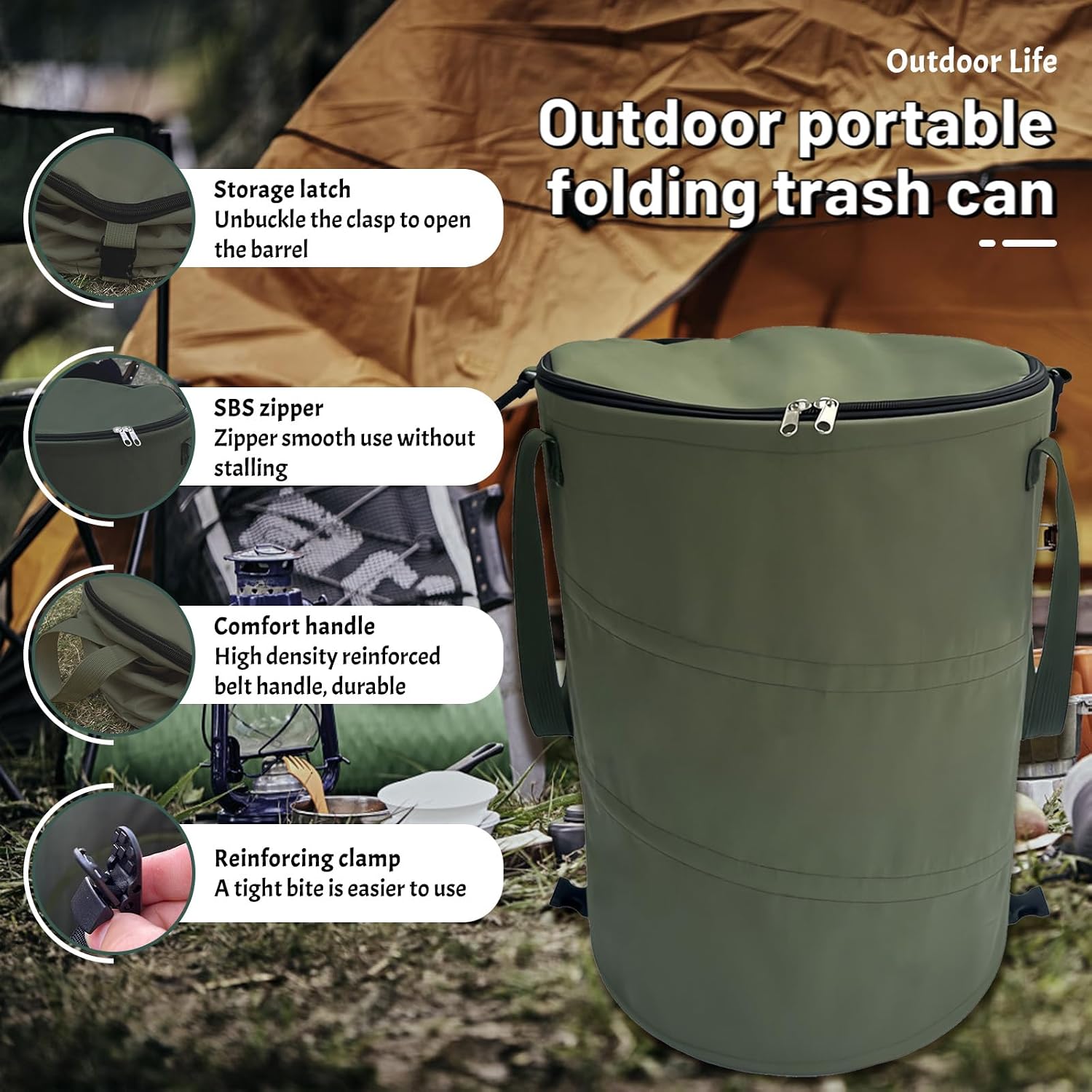Pop up Camping Trash can,24 Gallon Collapsible Garden can with lid(Green) | Reusable Lawn and Leaf Bag with Sorting