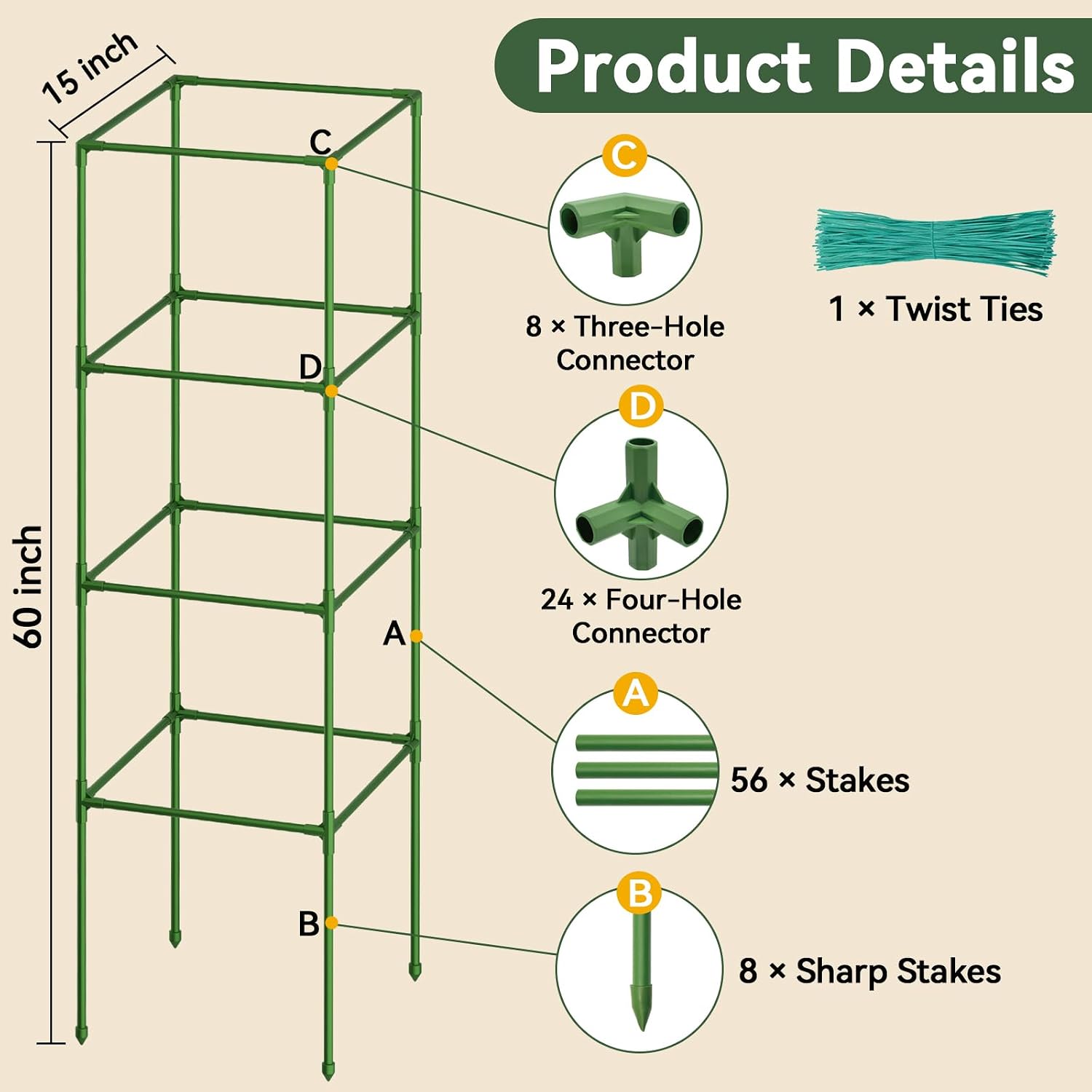 2 Pack 60" Tomato Cages for Garden, Heavy Duty Adjustable Plant Support | For Climbing Plants and Vegetables