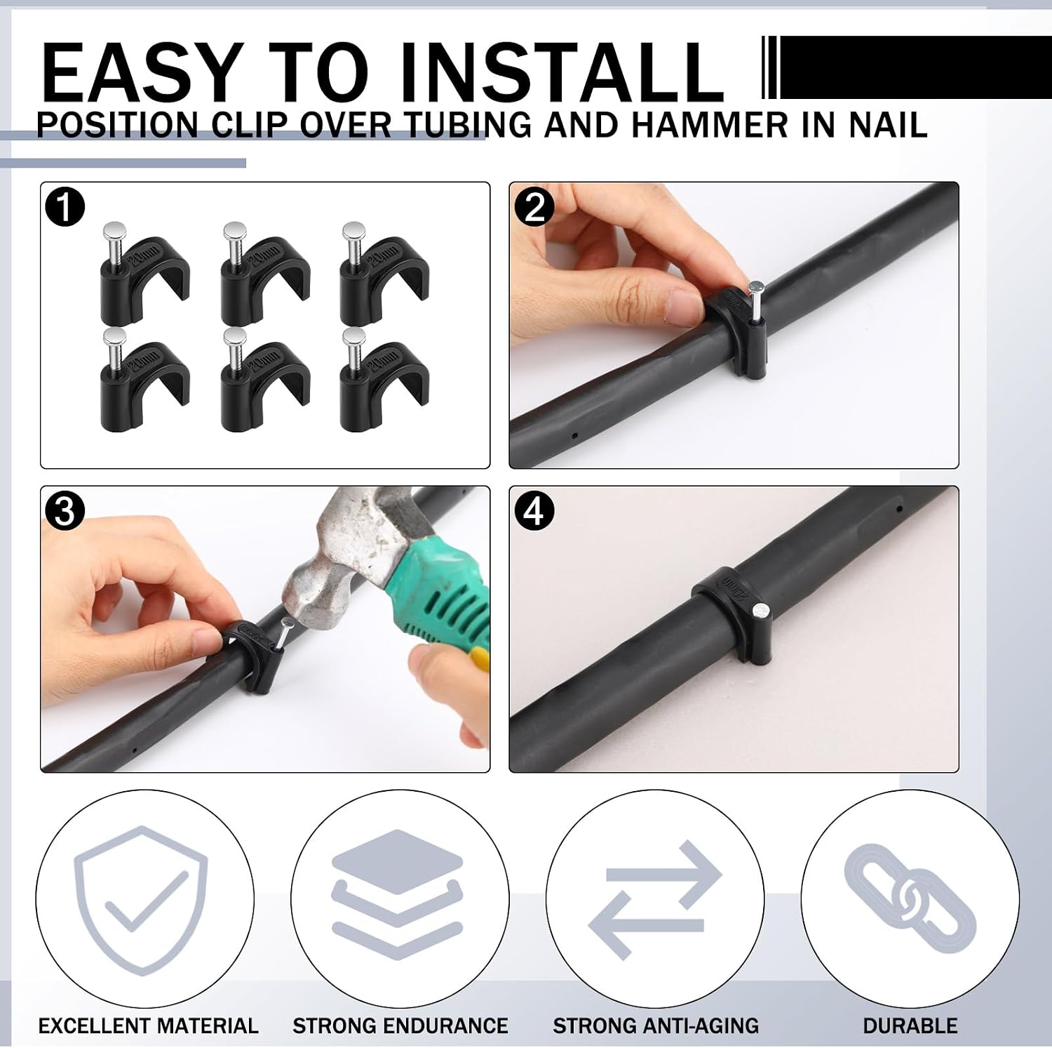 100 Pcs Drip Irrigation Tubing Mounting Clips, 1/2" and 5/8", Black | Secure Drip Line to Wood, Metal Nail Install