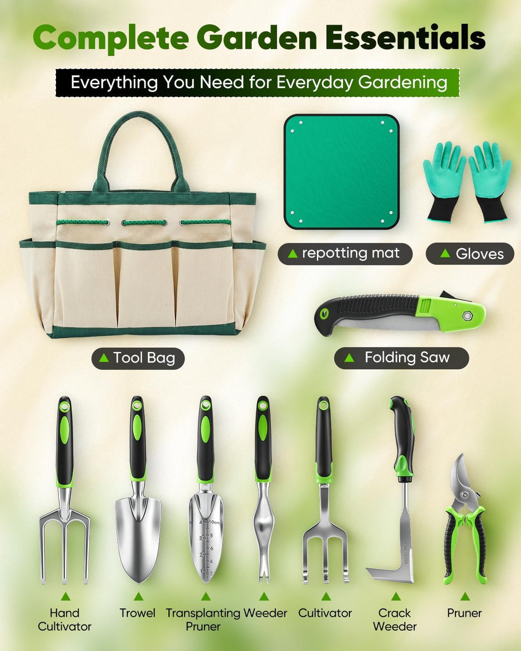 Garden Tool Set Gardening Tools - Heavy Duty Aluminum Tool Kit with Non-Slip Handle, Gardening Gloves and Tool Bag for