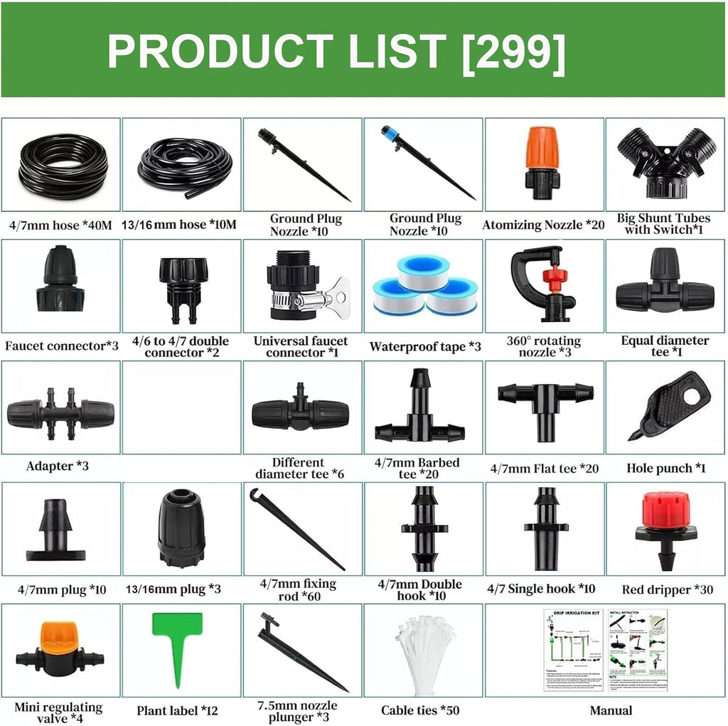 164FT Garden drip Irrigation System Kit: 299PCS Hose - Auto Garden Watering Irrigation System - with 5 Kinds of