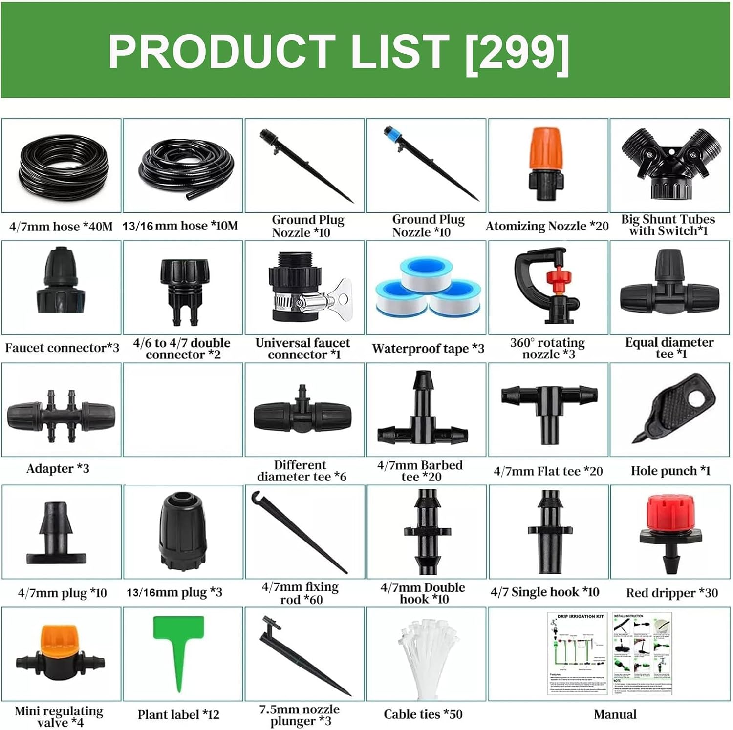 164FT Garden drip Irrigation System Kit: 299PCS Hose - Auto Garden Watering Irrigation System - with 5 Kinds of