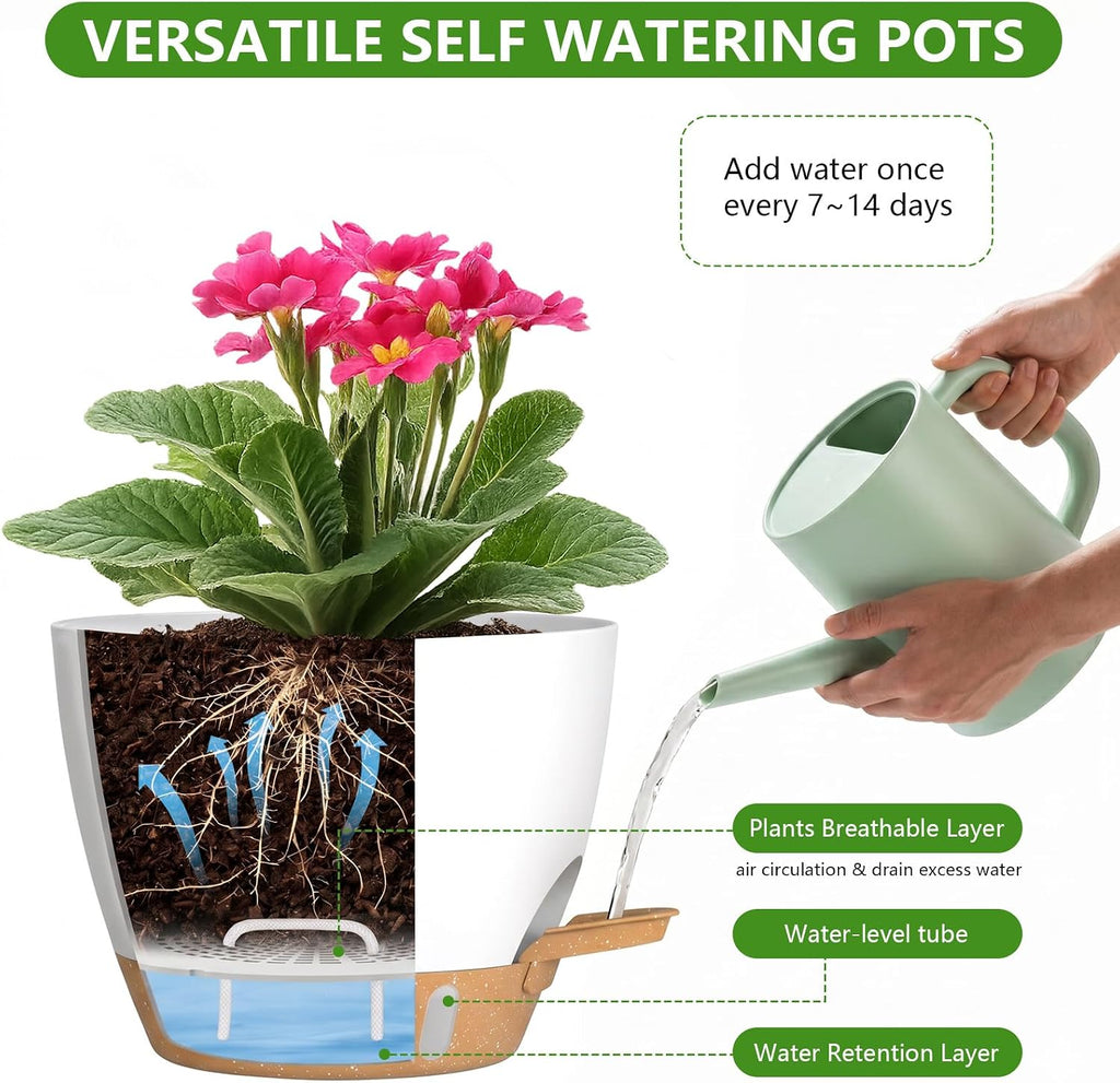 Large Self Watering Pots for Indoor Plants, 12/10/9/8 Inch White | Repotting Mat Included, Water Level Indicator, Deep