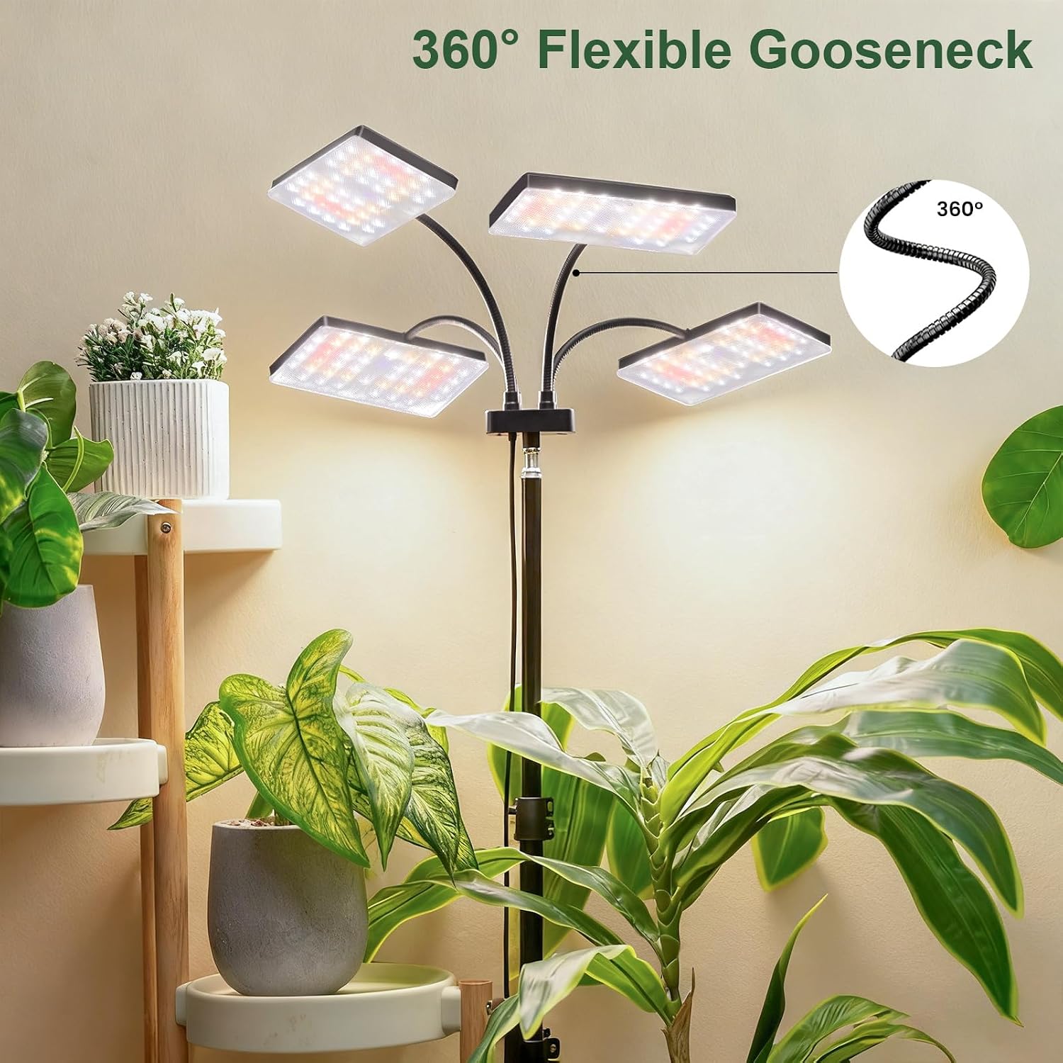LBW Grow Light for Indoor Plants, Quad-Head Standing Plant Light, Full Spectrum, Wide Coverage, 63” Adjustable Height