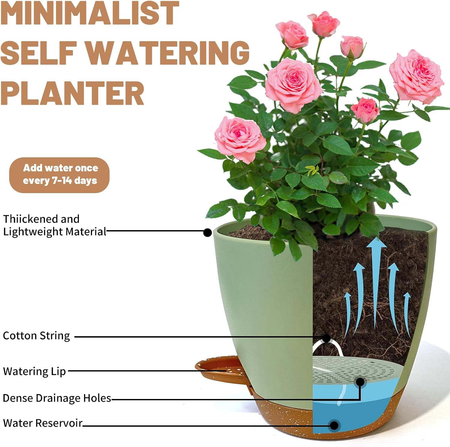 LIFFY Plant Pots, 8,7.5,7,6.5,6,5.5,5 Inch Plastic Self Watering Planters with Drainage Holes & Saucers, 7-Pack Green