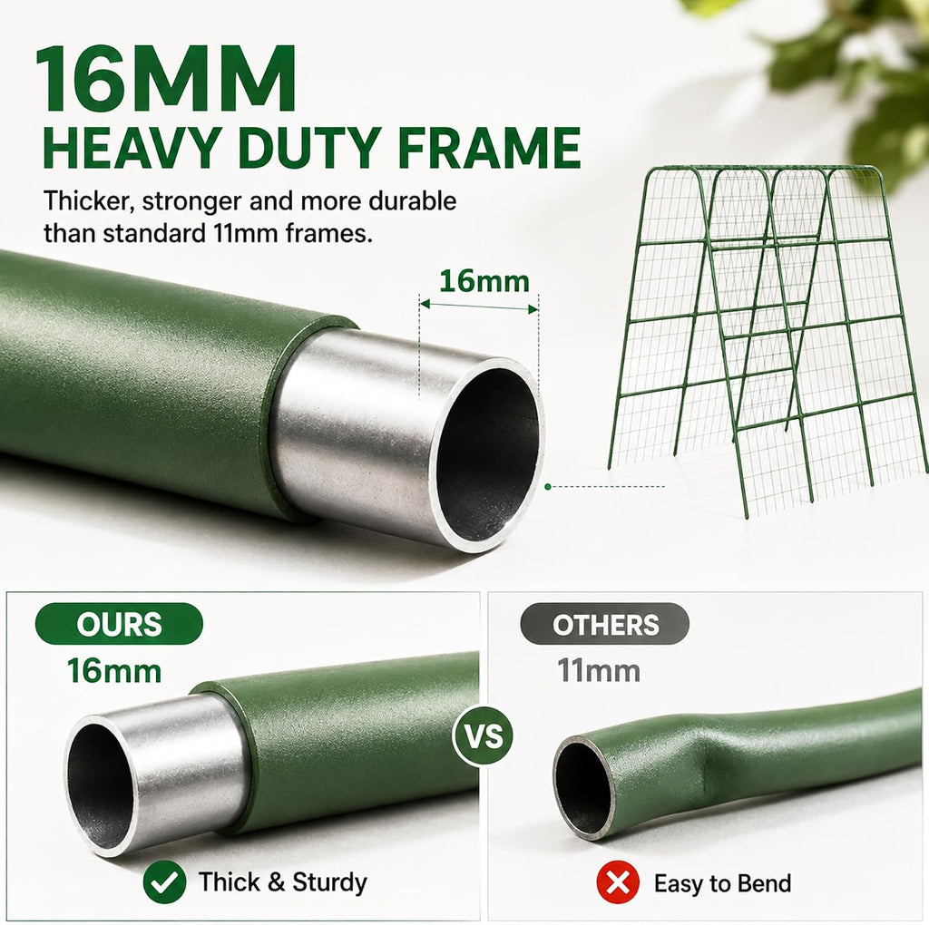 63" Tall Garden Trellis for Climbing Plants, 16mm Heavy Duty Metal Frame Cucumber Trellis with Netting, 20 Plant Clips