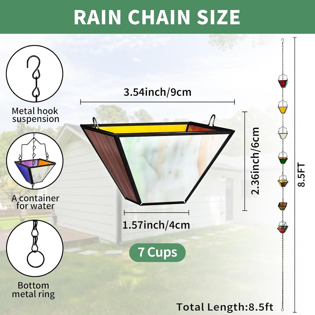 Rain Chain Set 8.5FT,Handmade Metal Inlaid Stained Glass Vintage Style, Rain Chains for Drains to Divert Water & Home