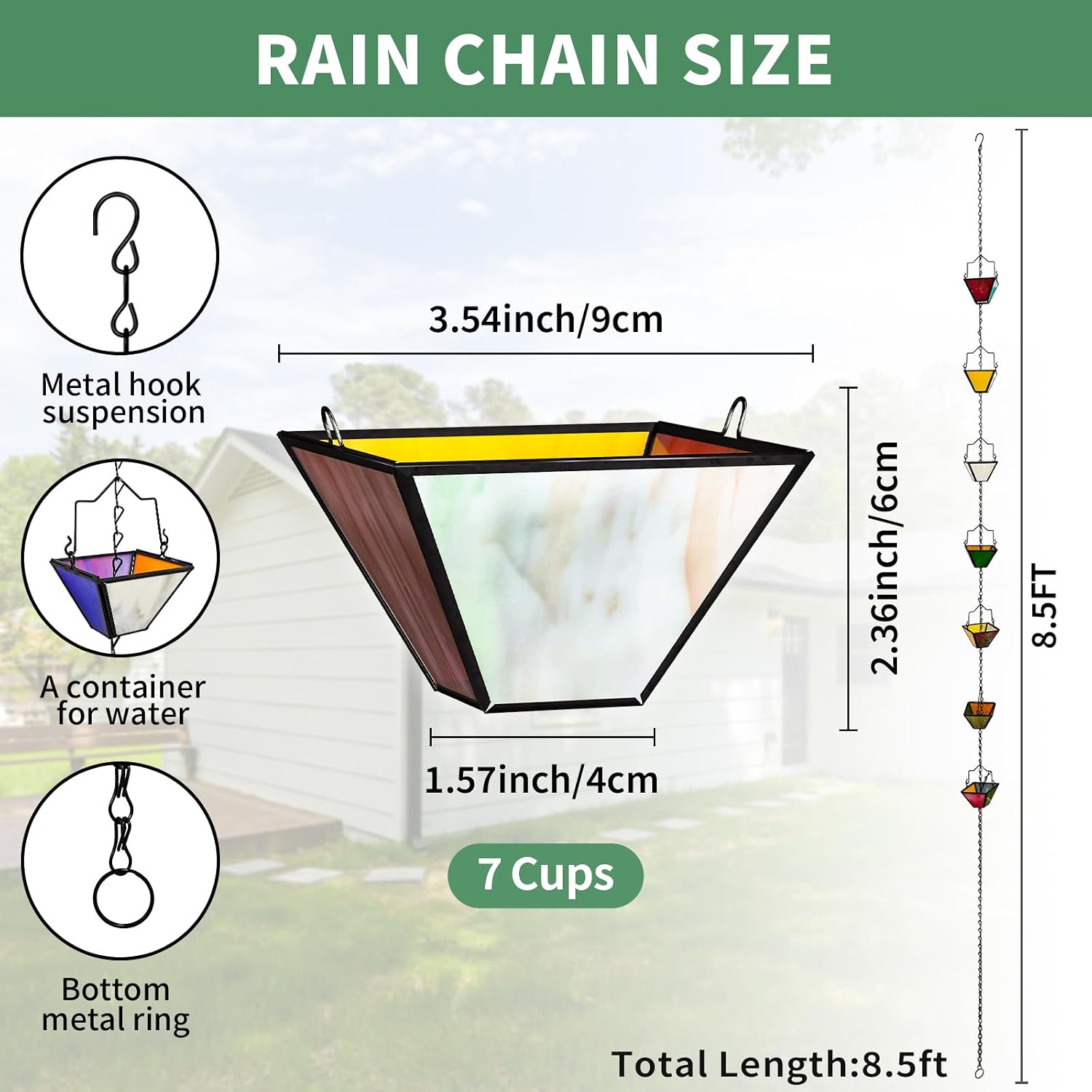 Rain Chain Set 8.5FT,Handmade Metal Inlaid Stained Glass Vintage Style, Rain Chains for Drains to Divert Water & Home