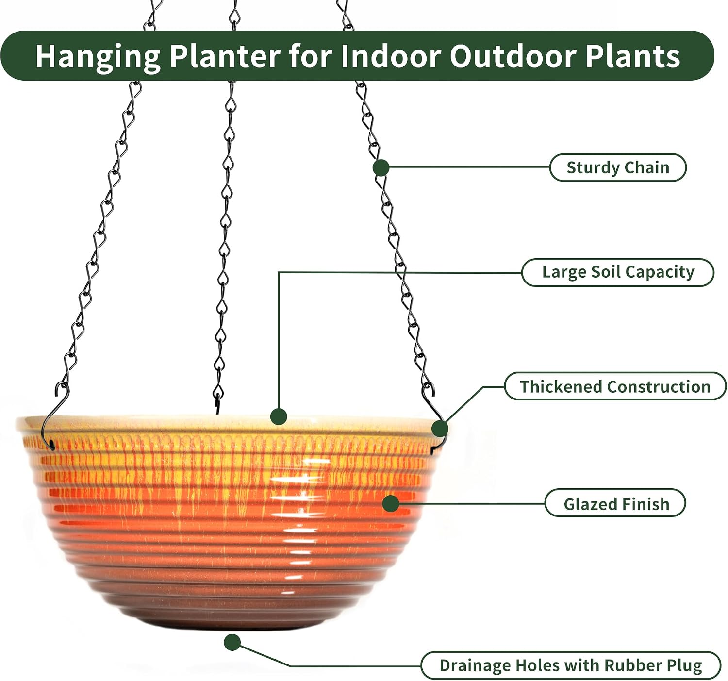 12 inch Large Hanging Planters with Drainage Hole, 2 Pack | Ceramic Look, Hanging Flower Pots for Indoor Outdoor