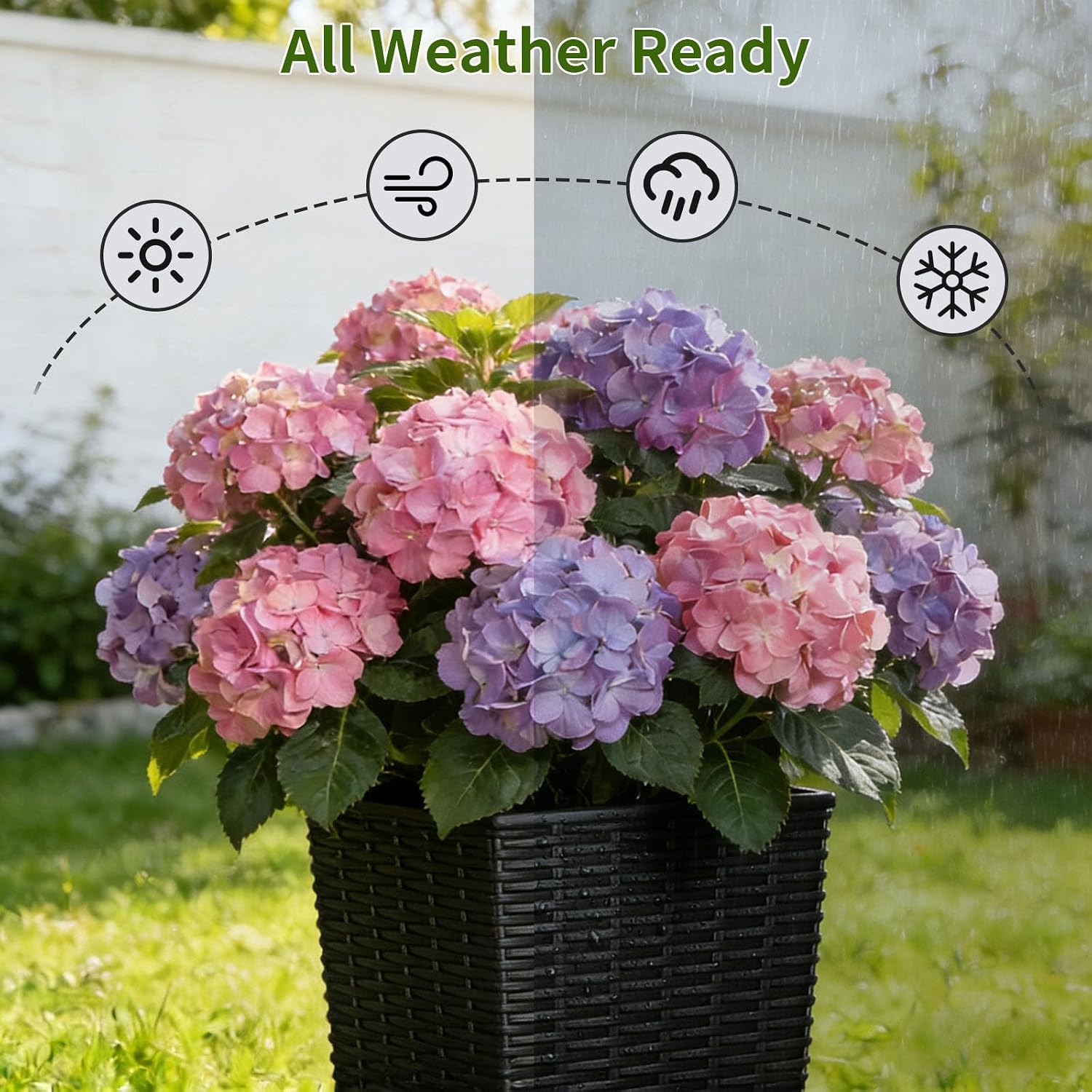 EVLIQUIL 23.8 Inch Tall Planters Set of 2 with Drainage Holes, Black | Large Rattan Textured Indoor & Outdoor