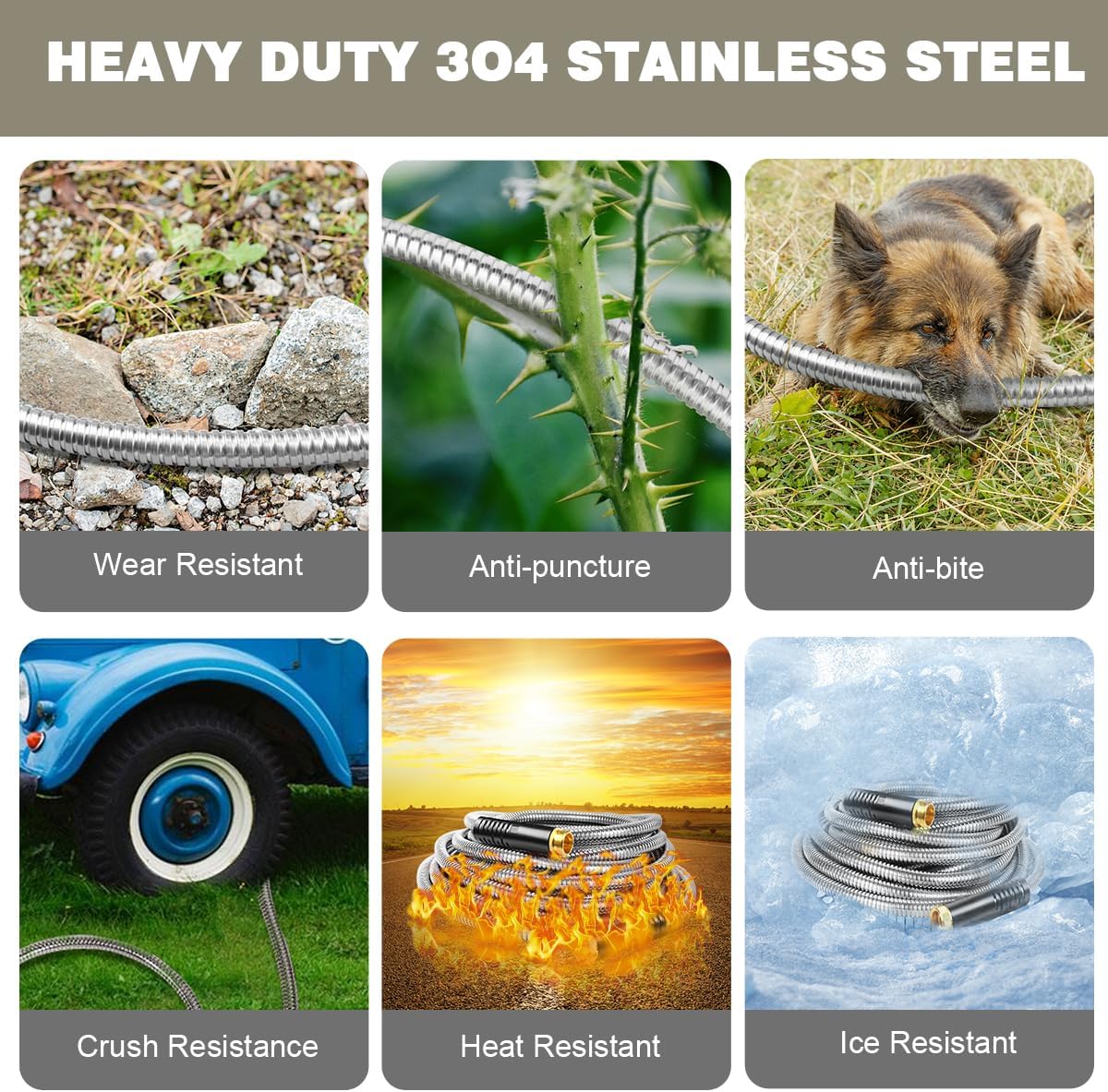 Omont Metal Garden Hose 50FT, Heavy Duty 304 Stainless Steel Water Hoses with Nozzle, Flexible Garden Hose