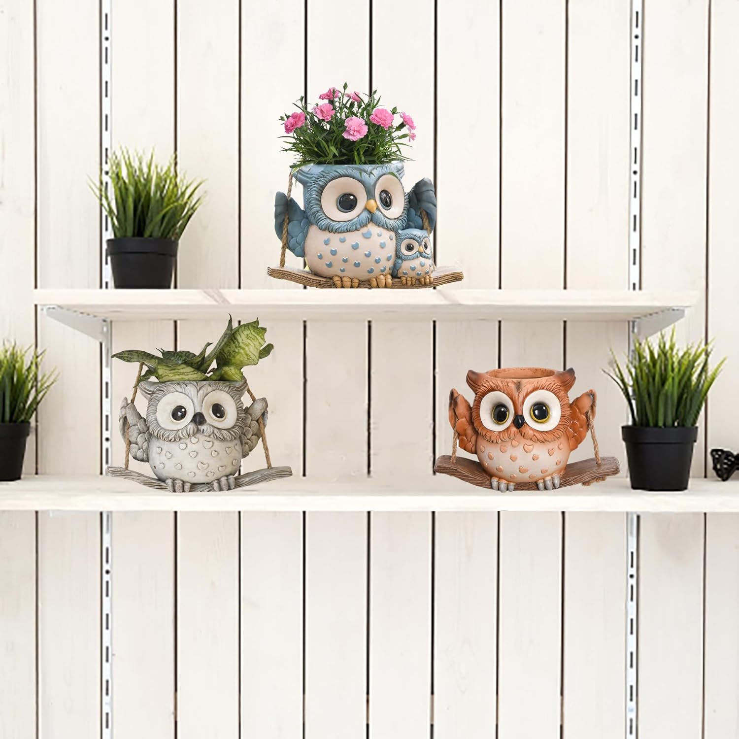 Swing Owl Hanging Planters for Indoor Plants, Cute Small Succulent Pots with Drainage Hole, Unique Resin Plant Hangers