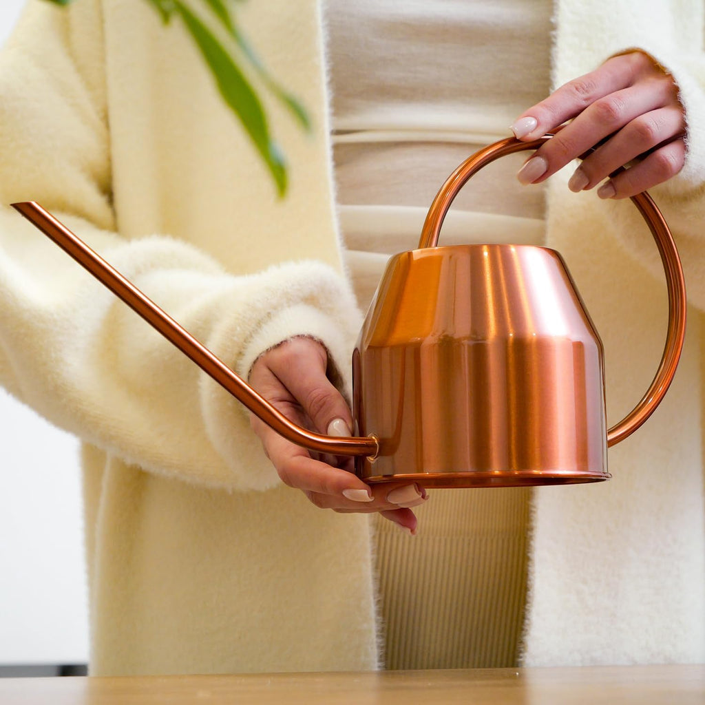 Plexon Rose Gold Metal Watering Can Indoor Plants 40 oz, Stainless Steel Long Spout Watering Can Outdoor House Plant