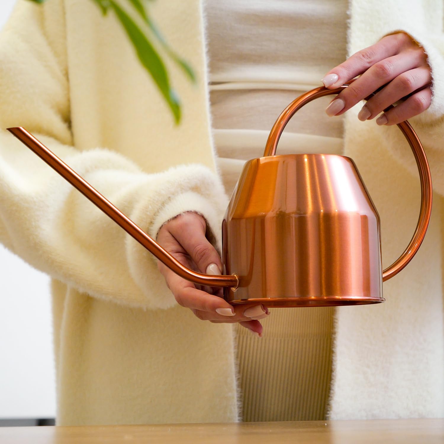 Plexon Rose Gold Metal Watering Can Indoor Plants 40 oz, Stainless Steel Long Spout Watering Can Outdoor House Plant