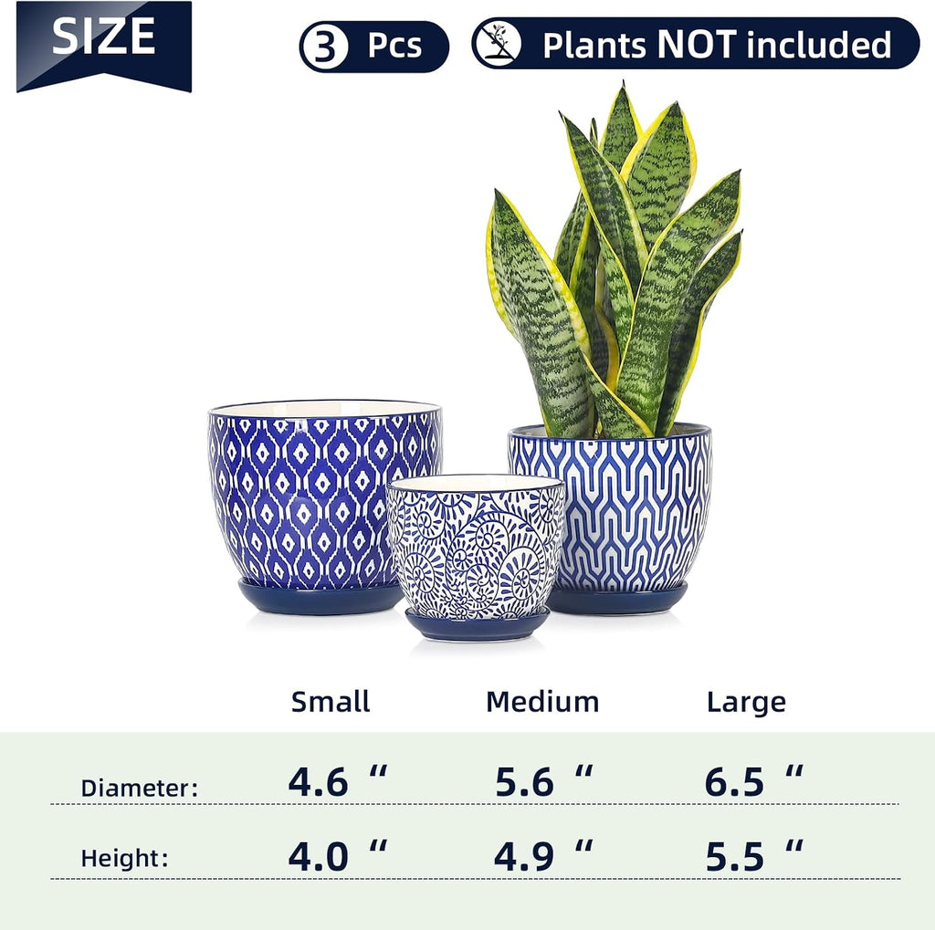 Selamica Ceramic Plant Pots, 4.6+5.6+6.5 Inch Planters with Drainage Holes & Saucer, Flower Pots for Indoor Plants