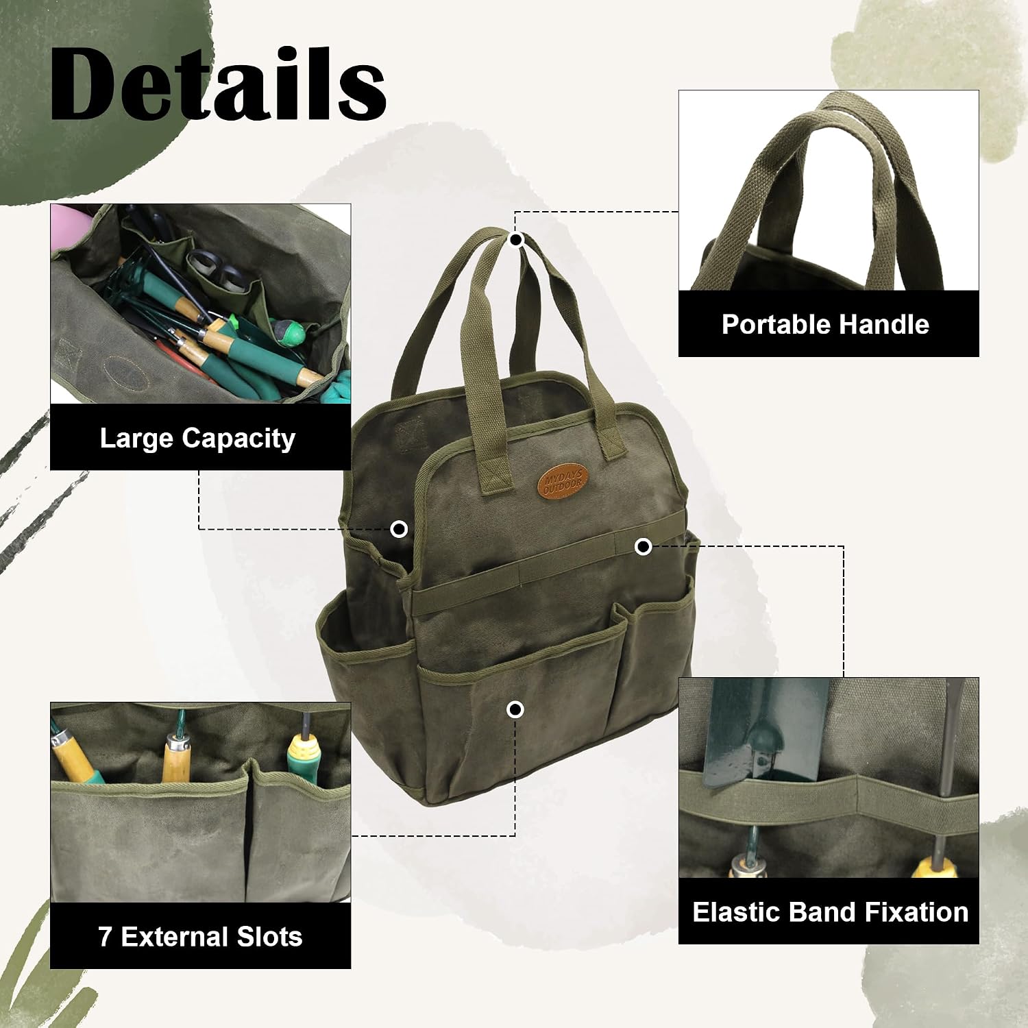Waxed Canvas Utility Tote Bag, Large Capacity Multi-Pocket Garden Tool Bag, Heavy Duty Waterproof Work Tote for