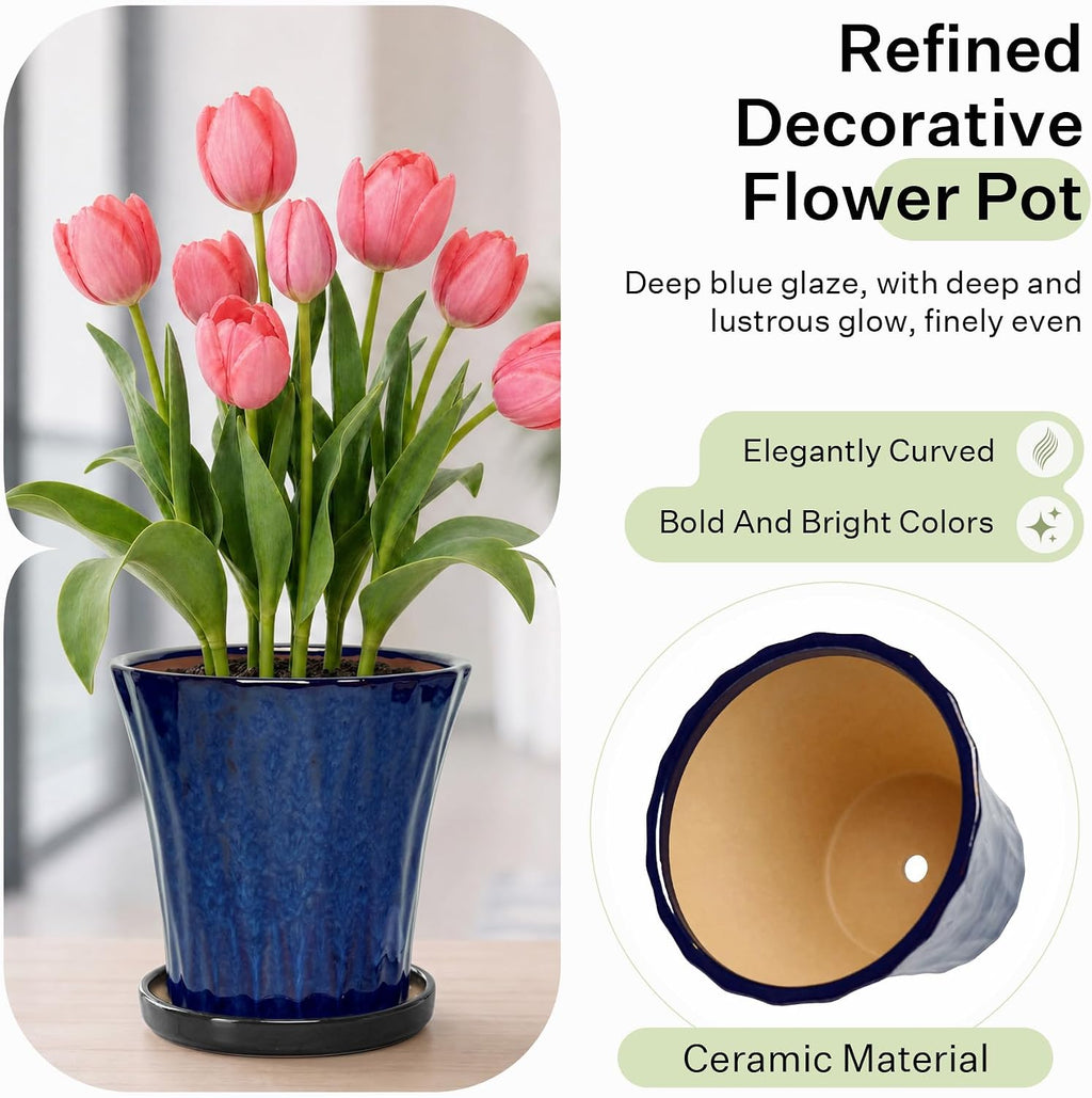 6.6 Inch Ceramic Planters with Drainage Hole and Saucer,Indoor Outdoor Large Flower Pots, Garden Pot for Plant Lovers
