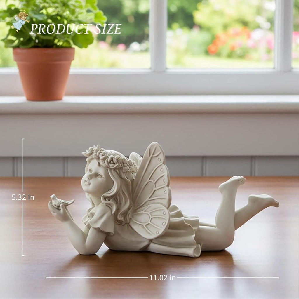 Fairy Garden Statue Holding Bird, Resin Outdoor Decor, 11.02 Inch | Hand-painted resin fairy figurine with bird and