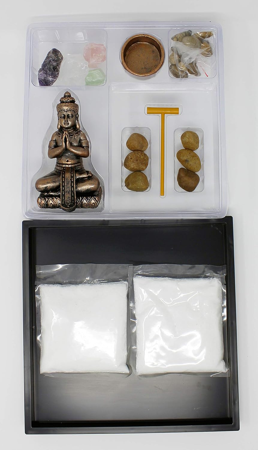 Nature's Mark Mini Zen Garden Kit for Desk with Rake, White Sand, Buddha Figures, Tea-Light Holder Black Square Base