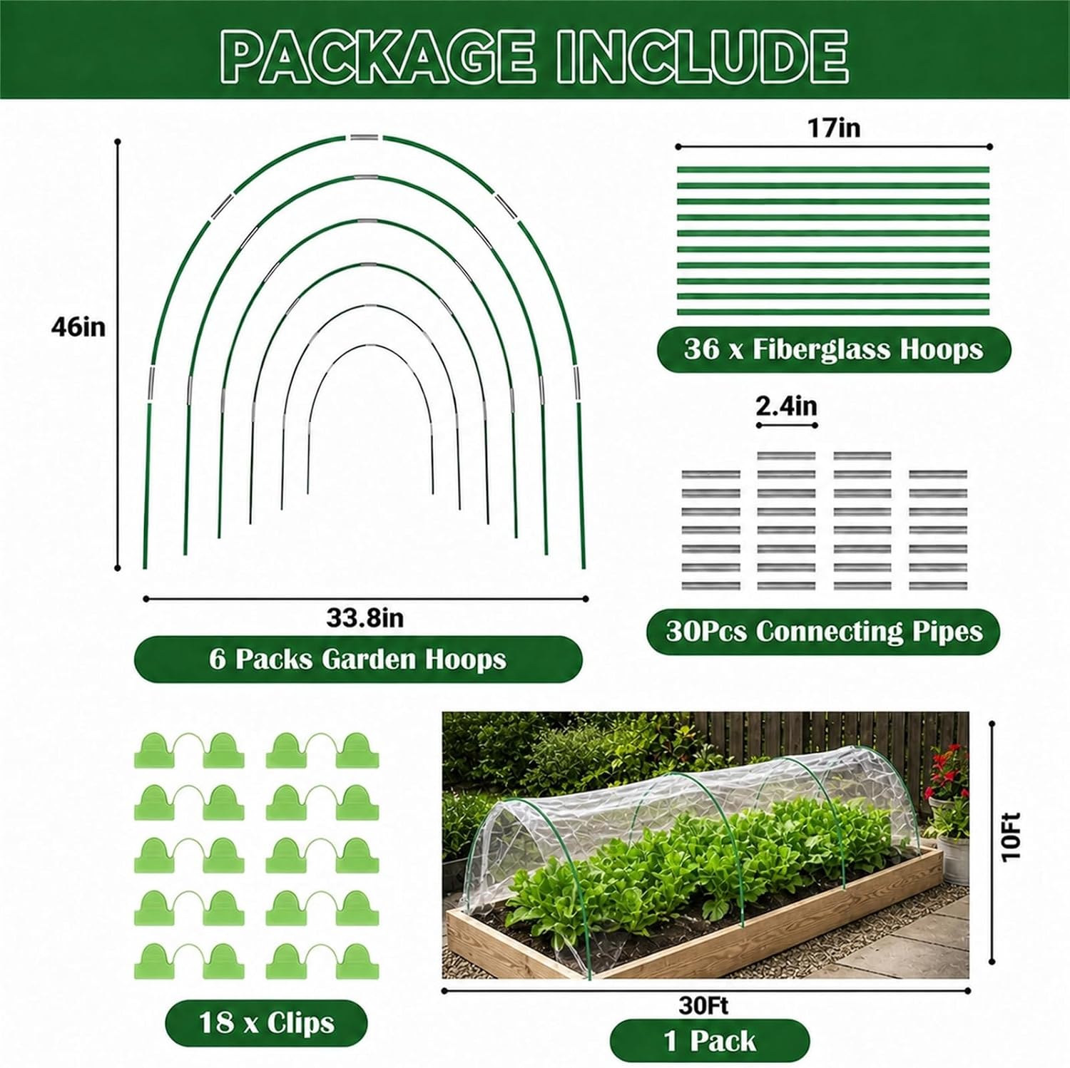 Garden Netting Kit, 10x30FT Ultra Fine Garden Mesh Netting with 6 Sets Garden Hoops, Insect Netting for Garden