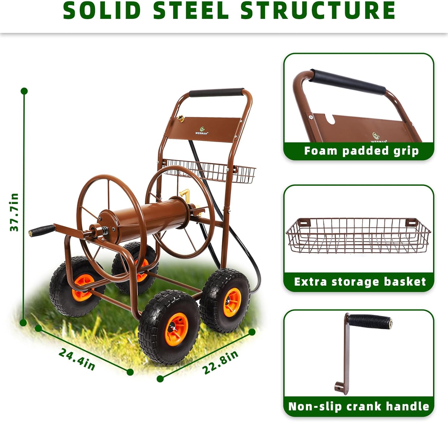 Upgrade Hose Reel Cart, Garden Hose Cart 4 Wheels, Holds 300ft 5/8" | Heavy Duty Metal Outdoor Water Hose Reel Carts